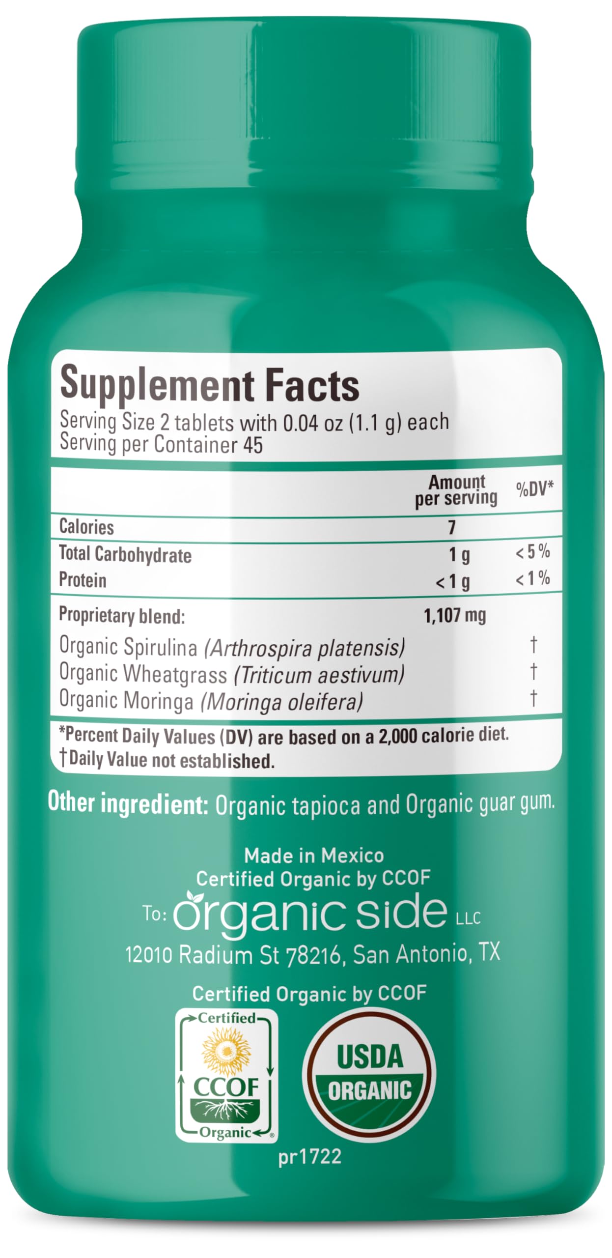 OS Organic Side Organic Greens (Spirulina, Wheatgrass & Moringa) Tablets 3.4 Ounce