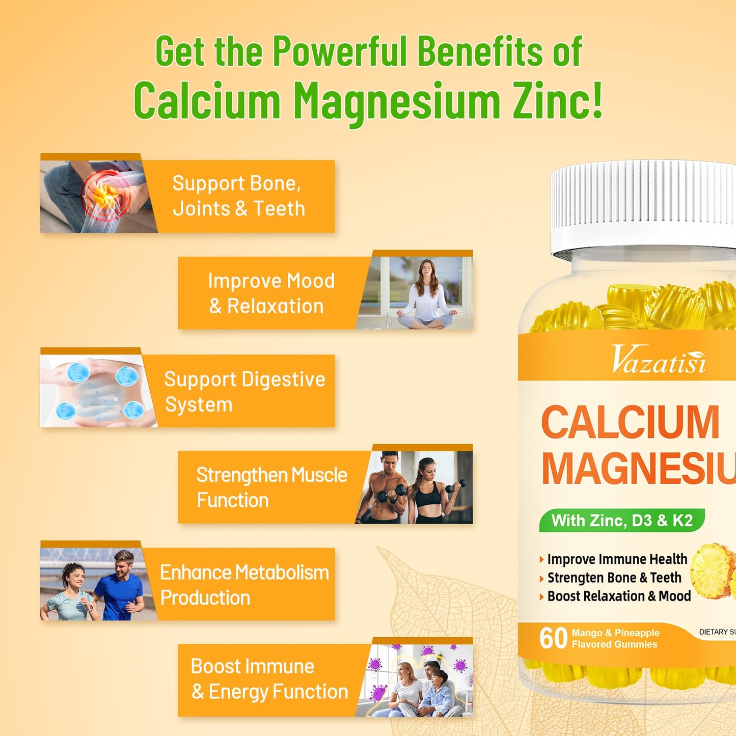 Vazatisi Calcium Magnesium Zinc Gummies with Vitamin D3 and K2, High Absorption Magnesium Glycinate Potassium for Immune Support and Calm Mood, Vegan Mango Pineapple Flavor, 120 Gummies