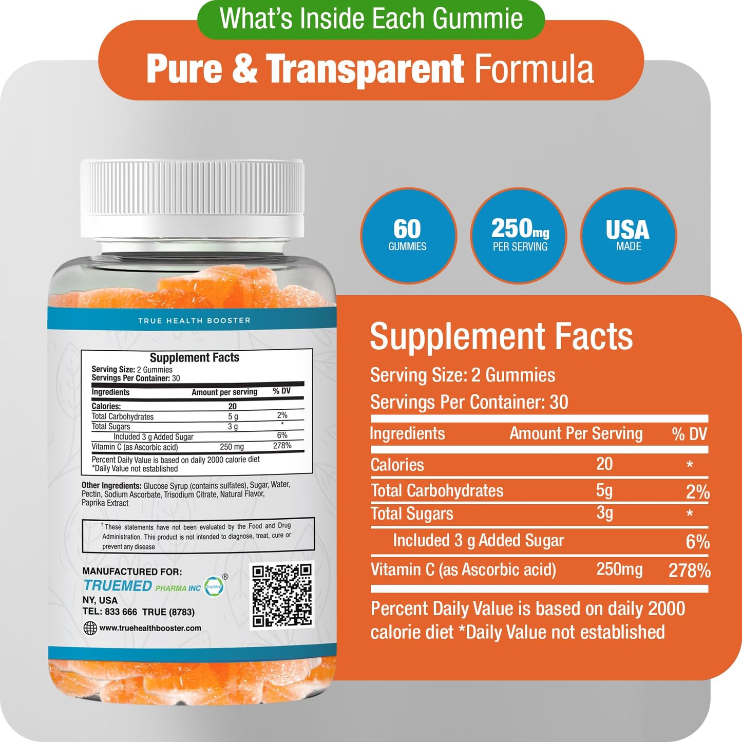 TRUEMED Chewable Vitamin C Gummies 250mg with Zinc and Probiotics 30 Count