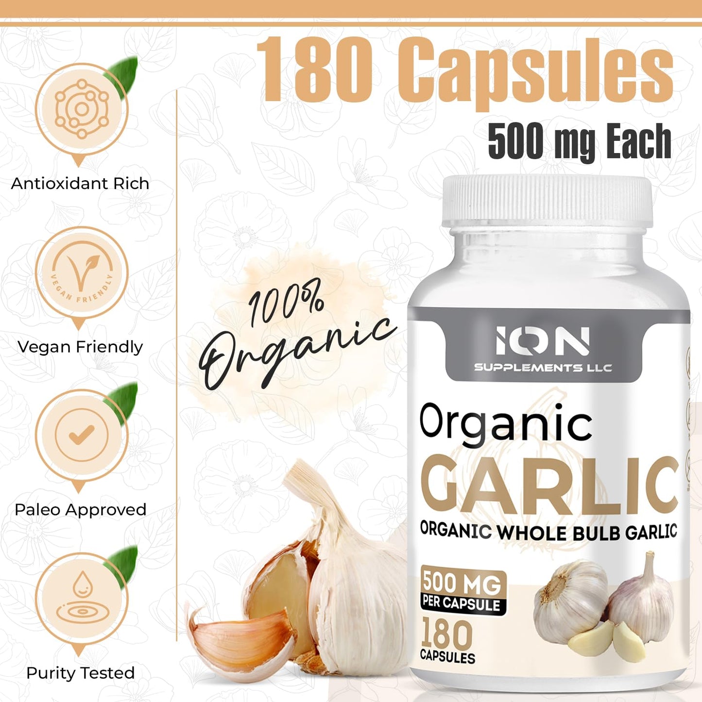 Ion Supplements LLC Herbal Organic Whole Bulb Garlic Capsules, 500 mg, 180 Count
