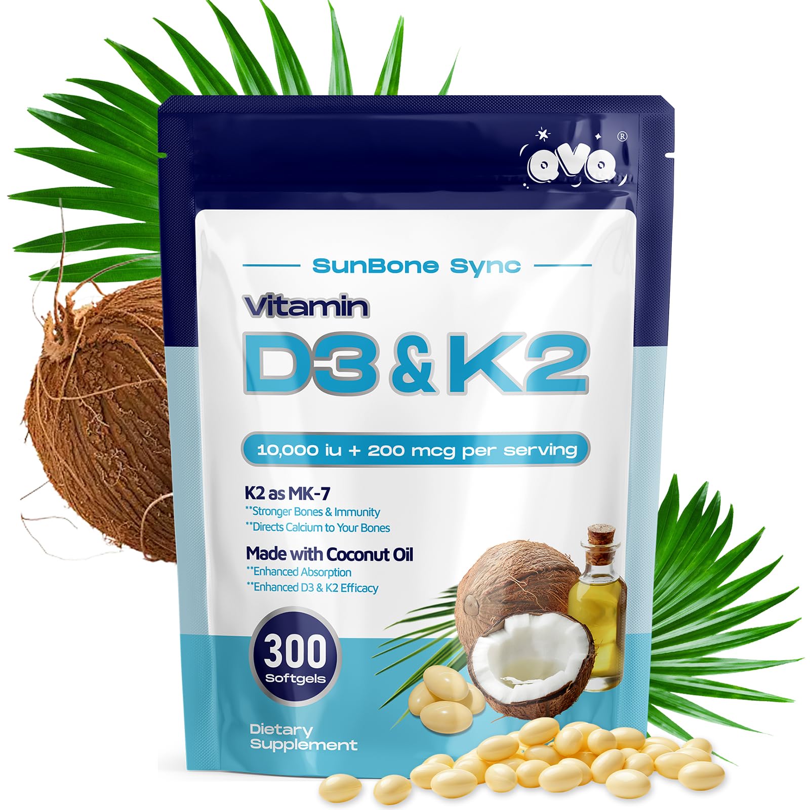 QVQ Vitamin D3 10000 IU + K2 (MK-7) 200 mcg Virgin Coconut Oil Softgels, 300 Count