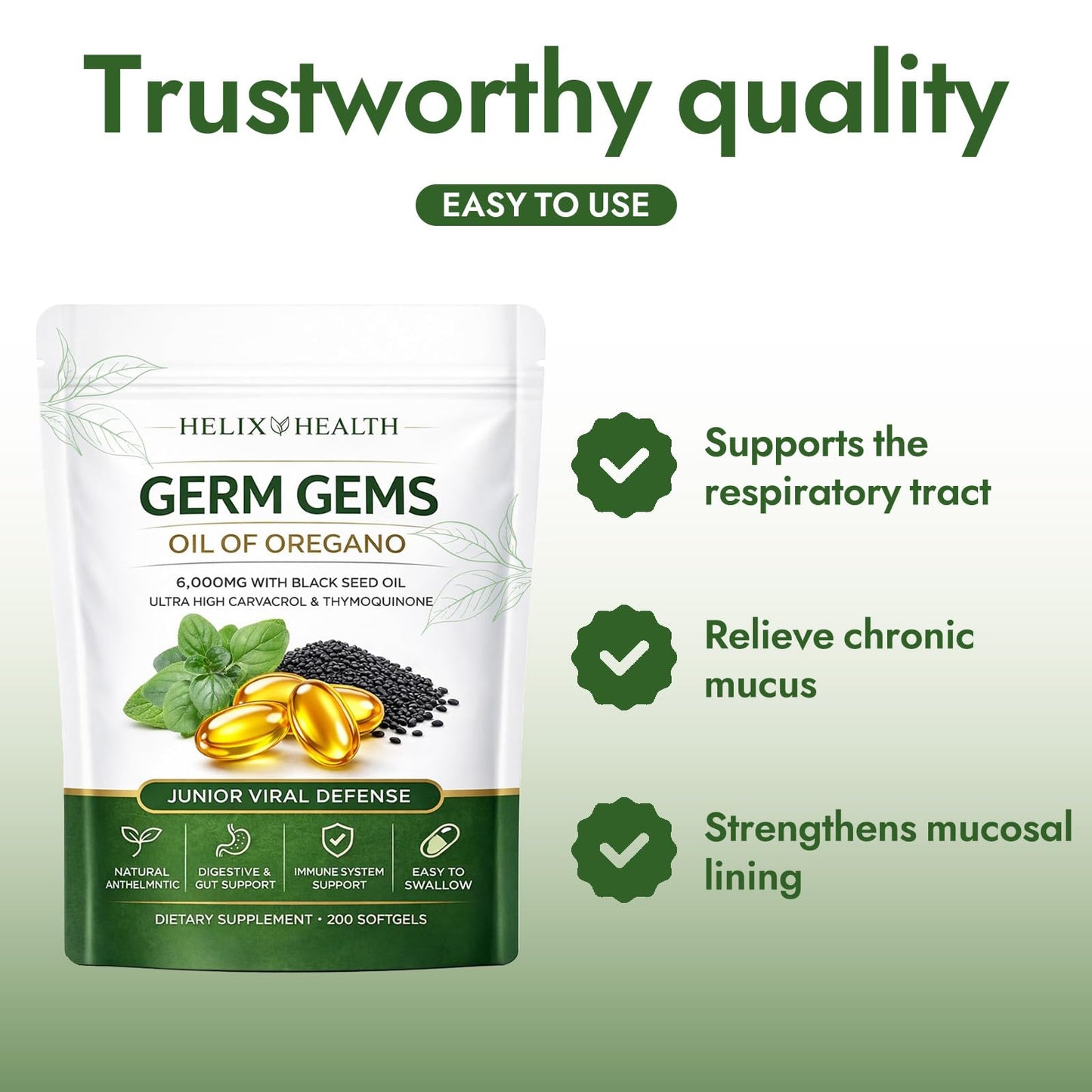 AuraNaturals Helix Health Germ Gems Oil of Oregano Capsule with Black Seed Oil, 4X Strength Carvacrol & Thymoquinone, Immune & Digestive Support, 2-in-1 Formula, Plant Based, Non-GMO, 200 Count