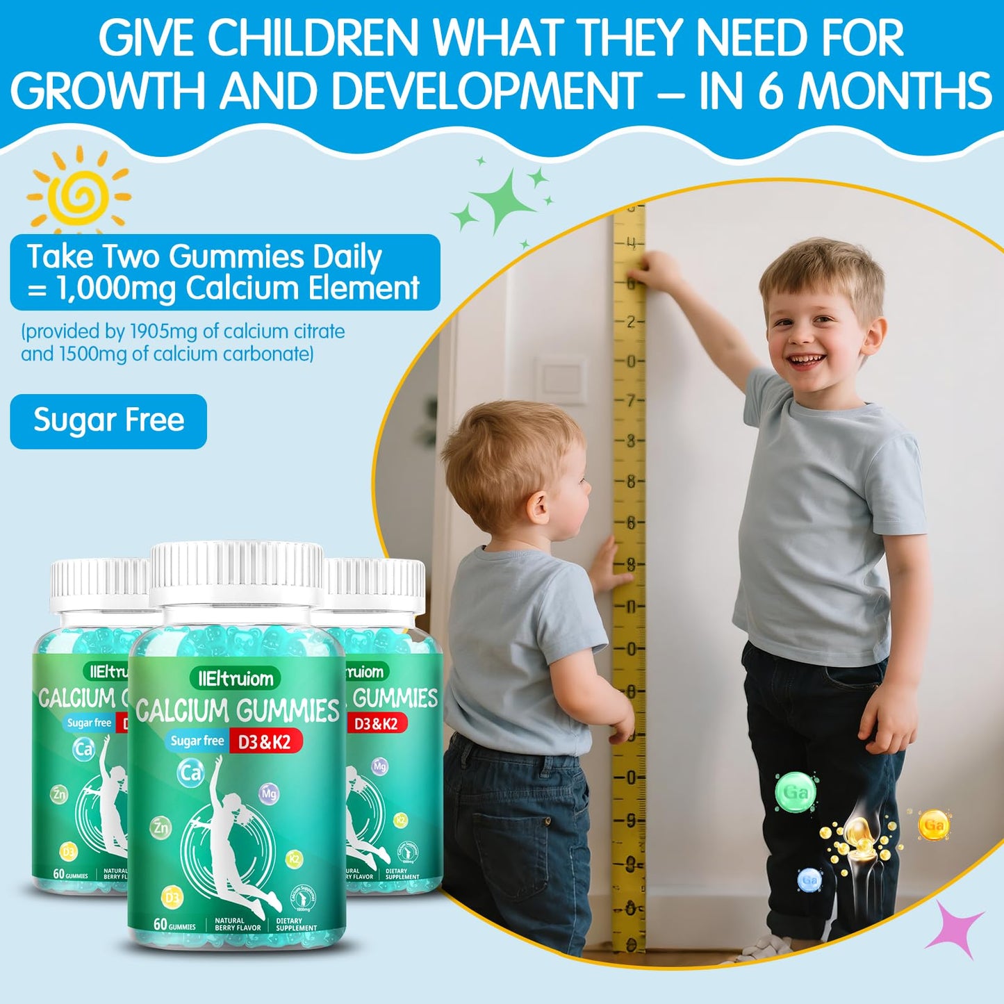 IIEltruiom Liposomal Calcium Citrate Gummies, 1000mg Calcium with Vitamin D3 & K2, for Kids & Teens, Sugar Free, 60 Gummies