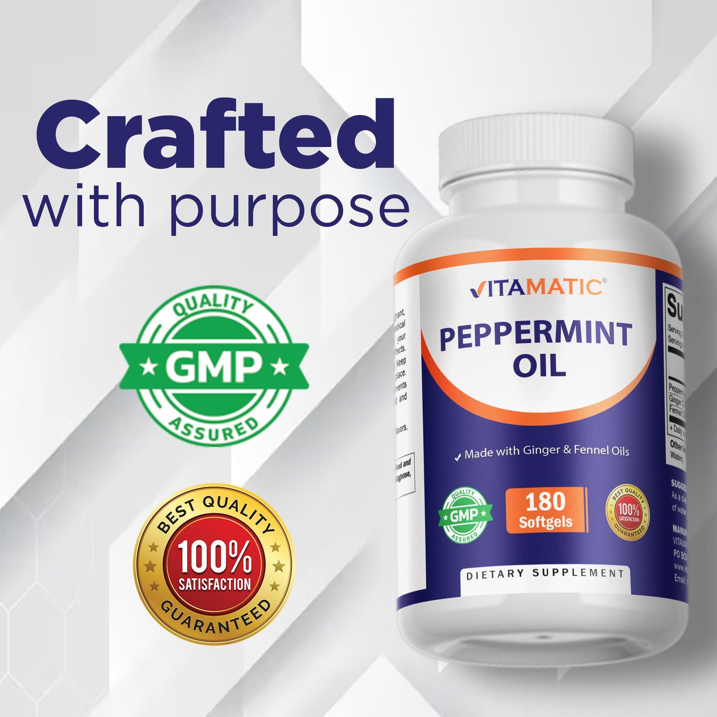Vitamatic Peppermint Oil Gel with Ginger & Fennel Oils Softgels, 180
