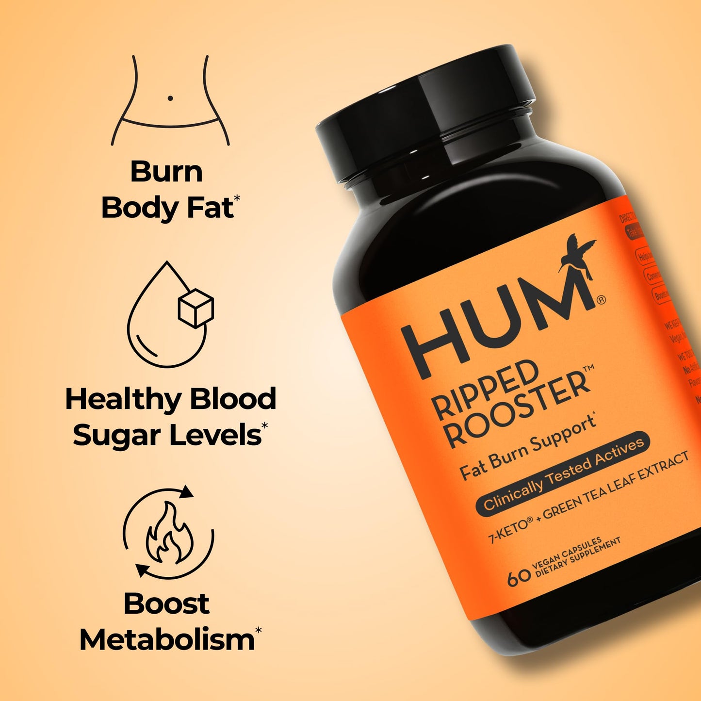 HUM Ripped Rooster Natural Green Tea Extract Capsules with Chromium, 7 Keto DHEA, Gluten Free Vegan Green Tea Supplement, 60 Capsules