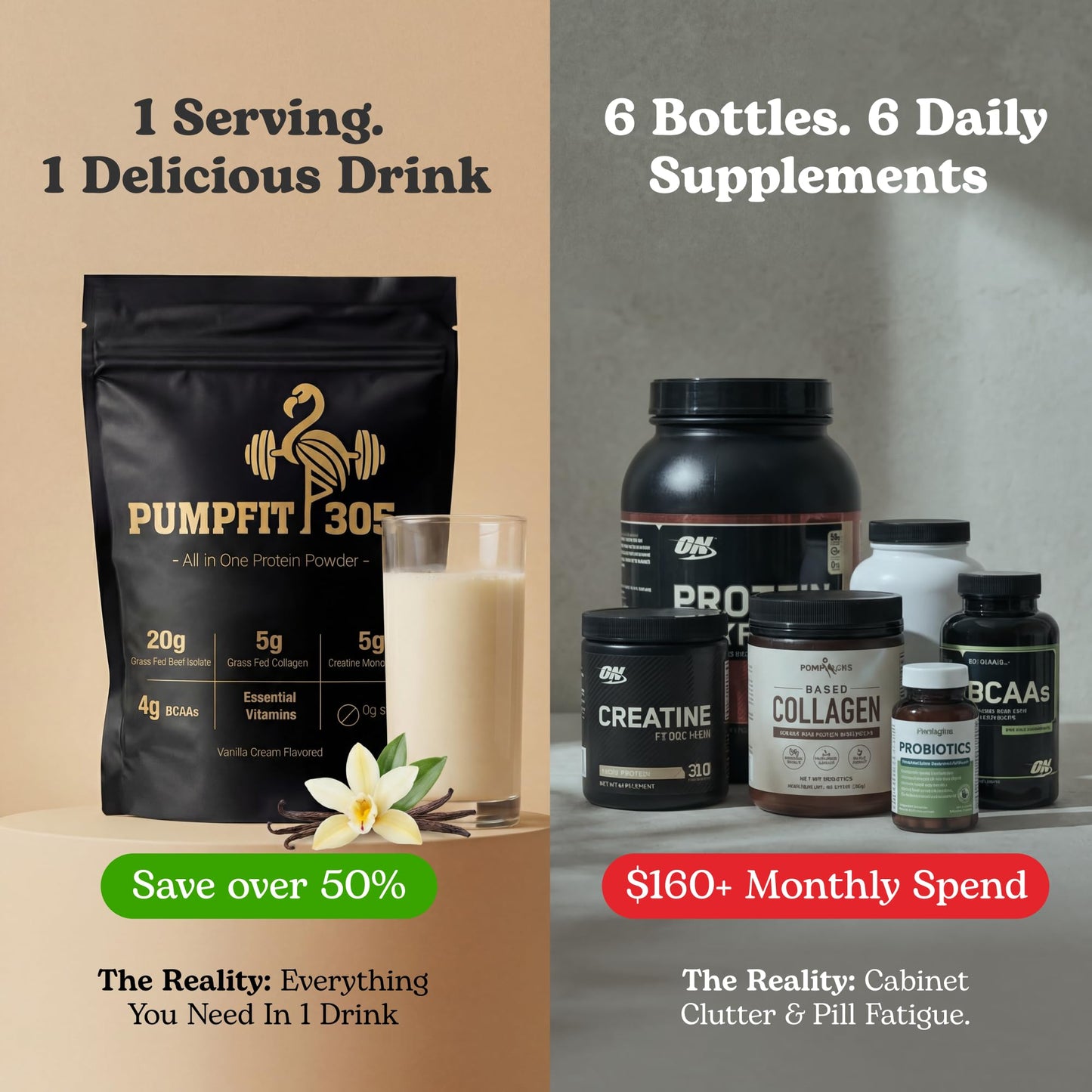 PUMPFIT 305 6-in-1 Complete Nutritional Foundation Vanilla Grass-Fed Beef Protein Isolate Powder, 15 Servings