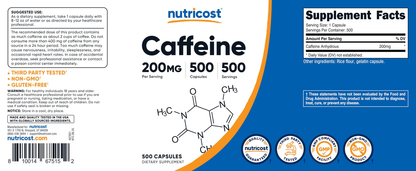 Nutricost Caffeine 200mg Capsules, 1000-Count