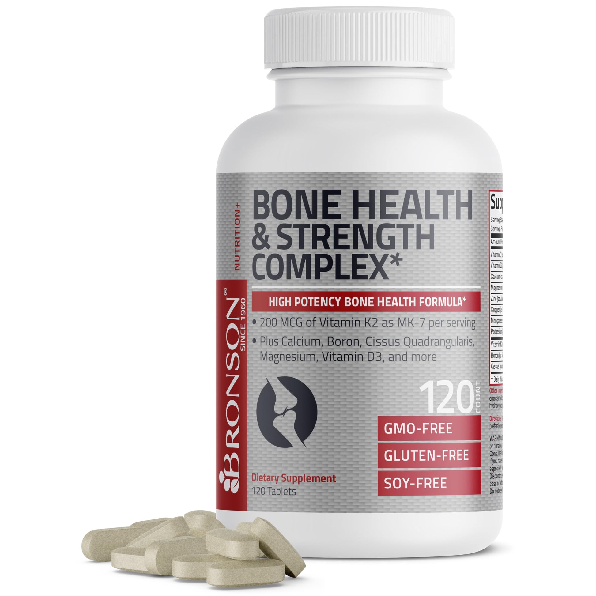 Bronson Bone Health & Strength Complex High Potency Formula 200 mcg Vitamin K2 as MK7, Plus Calcium, Boron, Cissus Quadrangularis, Magnesium, Vitamin D3, and More, Non-GMO, 120 Tablets