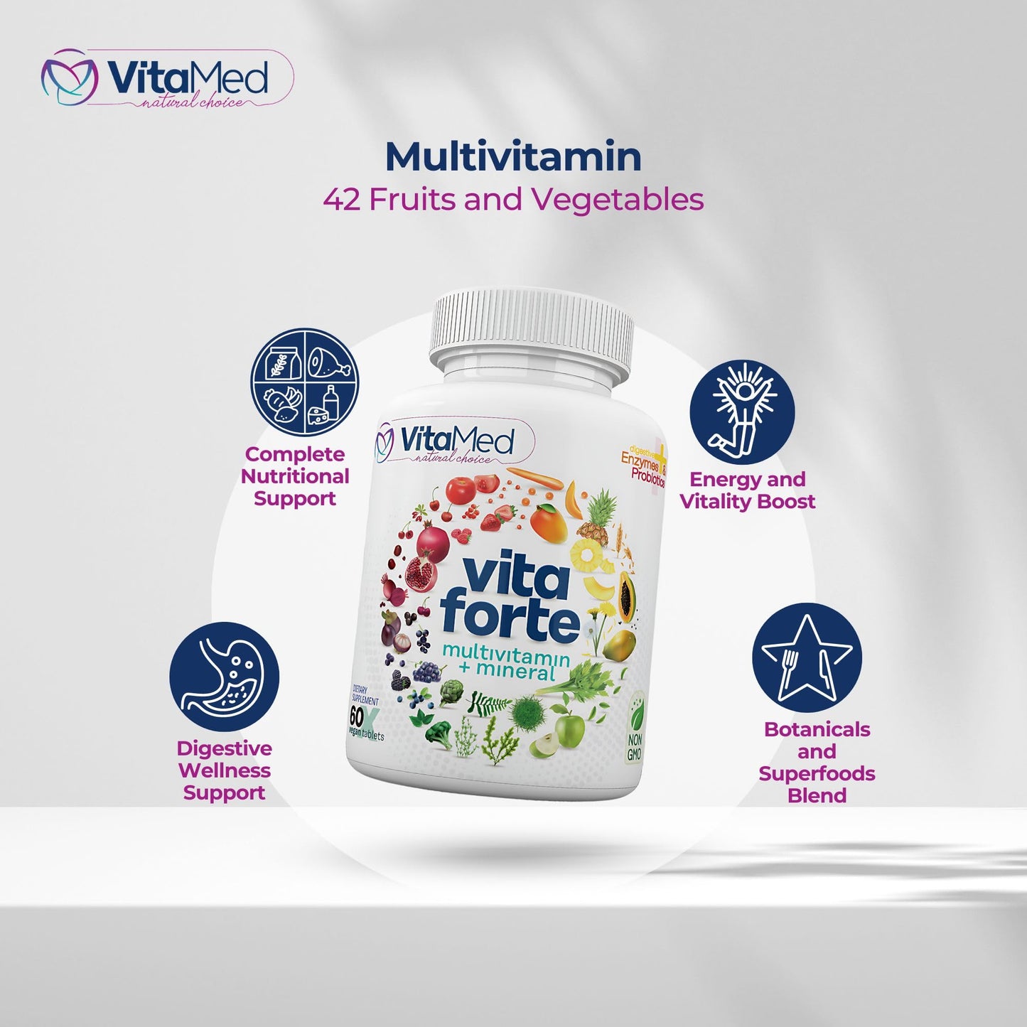 VitaMed Vita Forte Vegan Multivitamin with Probiotics, Digestive Enzymes & 42 Fruits & Vegetables Tablets, 60 Count