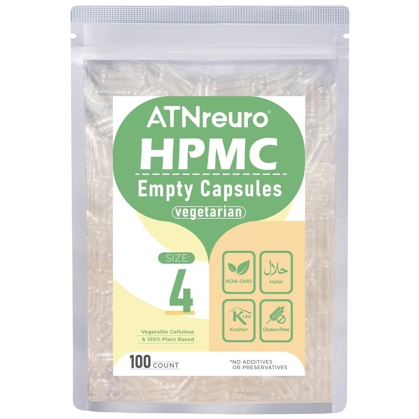 ATNreuro Empty Vegan Capsules Size 4-Clear, 100 Count