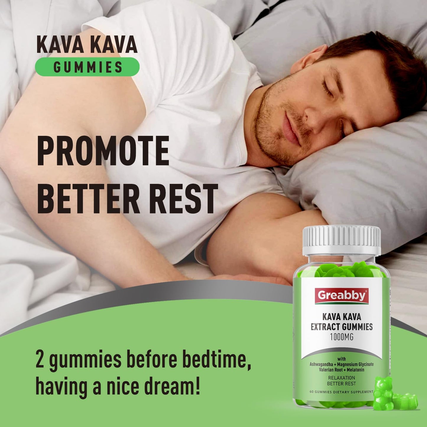 GREABBY Kava Kava Gummies 1000mg Per Serving, Sleep Support, Natural Lemon Flavor, 60 Gummies