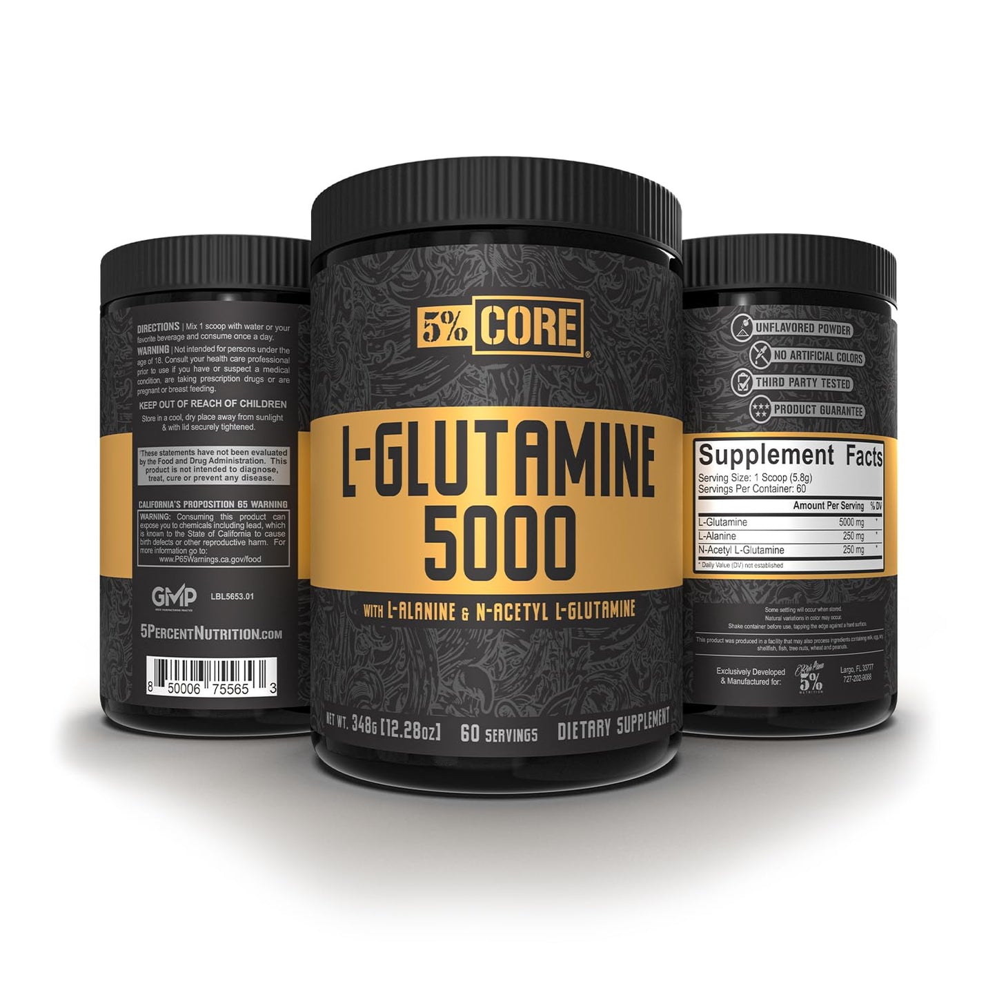 5% Nutrition Core L-Glutamine 5000 Supplement w/L-Alanine Powder, 12.28 Ounce
