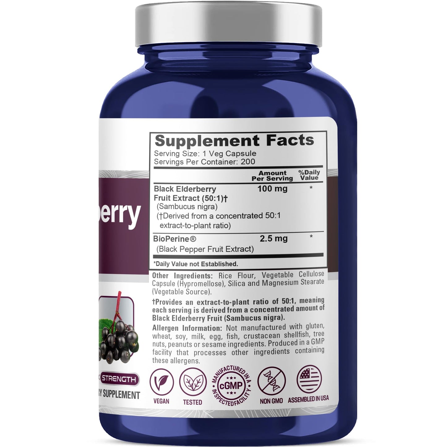 NusaPure Black Elderberry Capsules, 200 Capsules