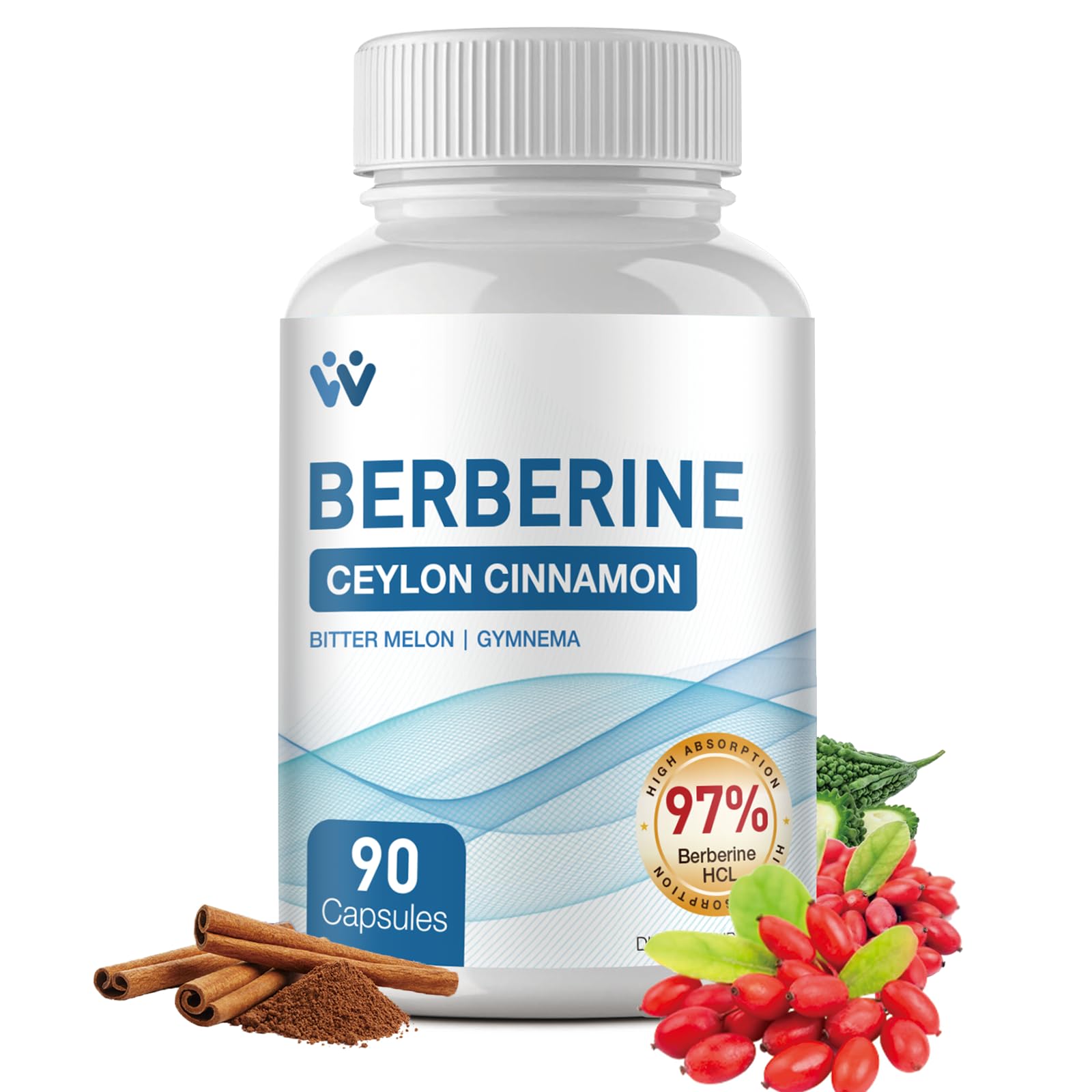 WACHRAY Berberine Supplement 1500mg with Ceylon Cinnamon, Berberine HCl 97% Purity, Non-GMO Vegan Capsules, 90 Count
