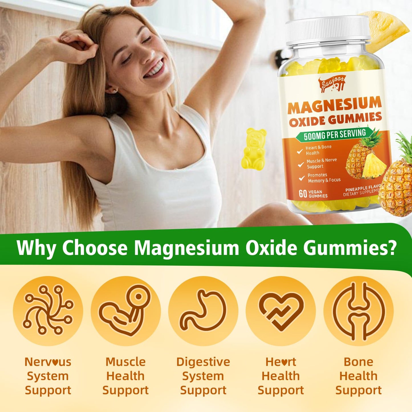 Saajoor Magnesium Oxide 500mg Gummies, 60 Count