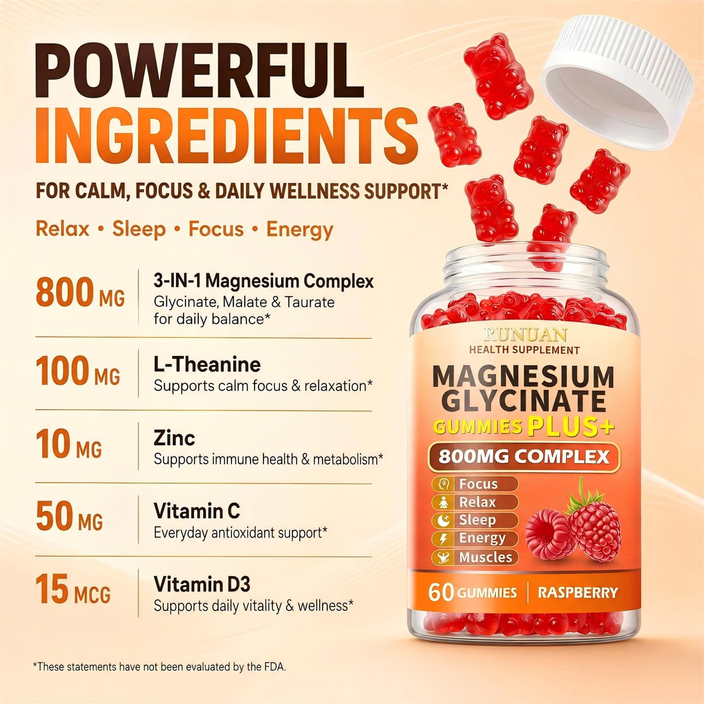 RUNUAN 800mg Magnesium Complex Gummies with Magnesium Malate Taurate L-Theanine D3, 60 Gummies