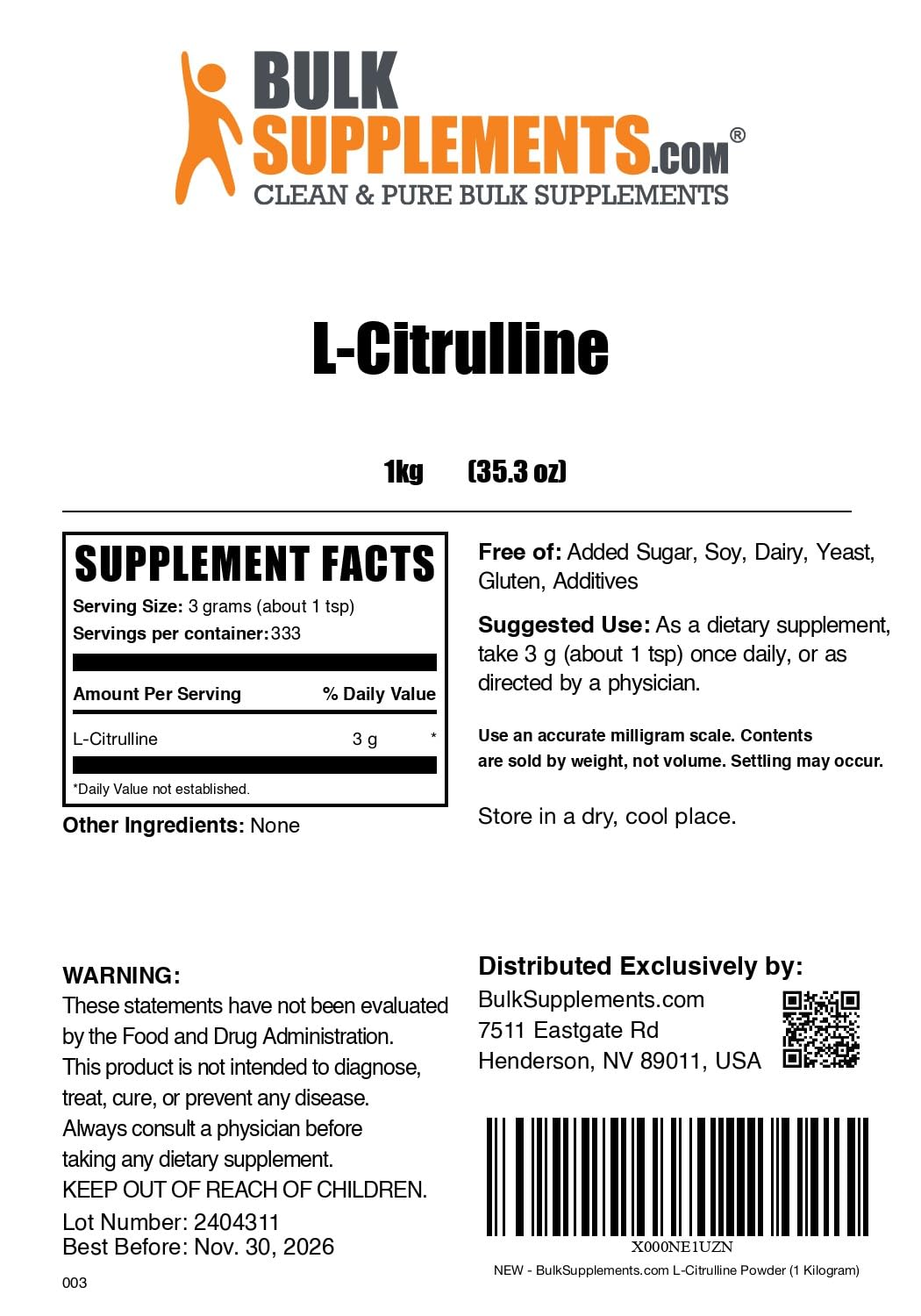 BulkSupplements L-Citrulline Powder 880 Servings