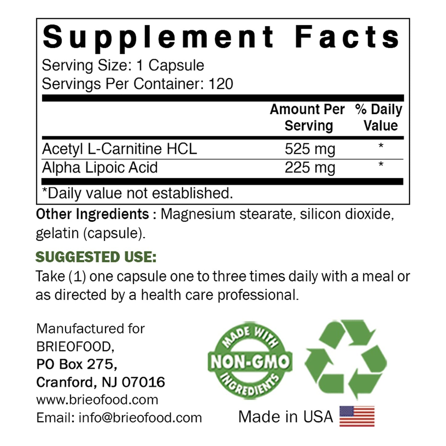 Brieofood Acetyl L-Carnitine Alpha Lipoic Acid (ALA ALC) 750 mg, 120 Capsules