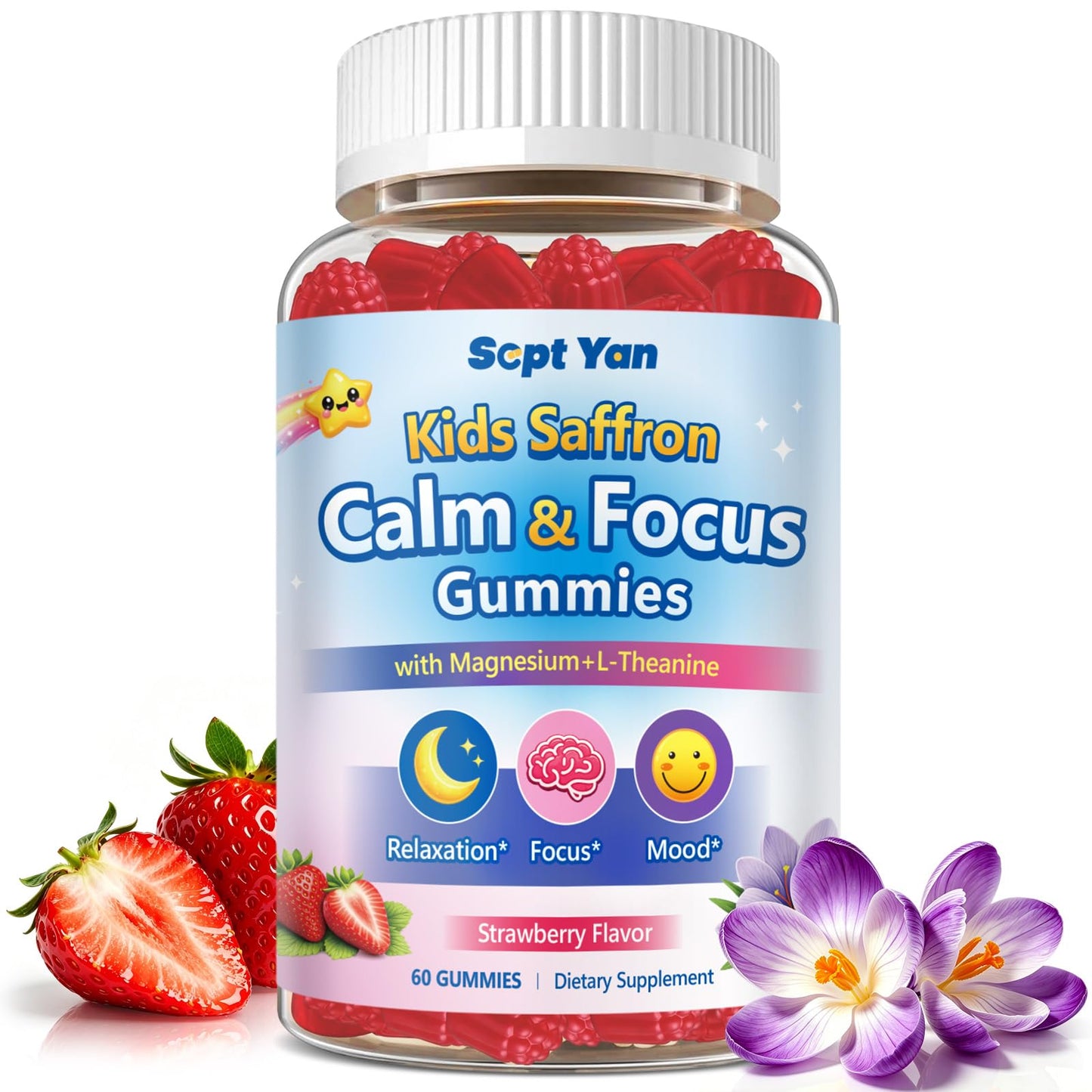 SEPT YAN Saffron Gummies for Kids with Magnesium L-Theanine, Vitamin D3, B6 & B12, Saffron – Focus & Mood Support, 60 Count