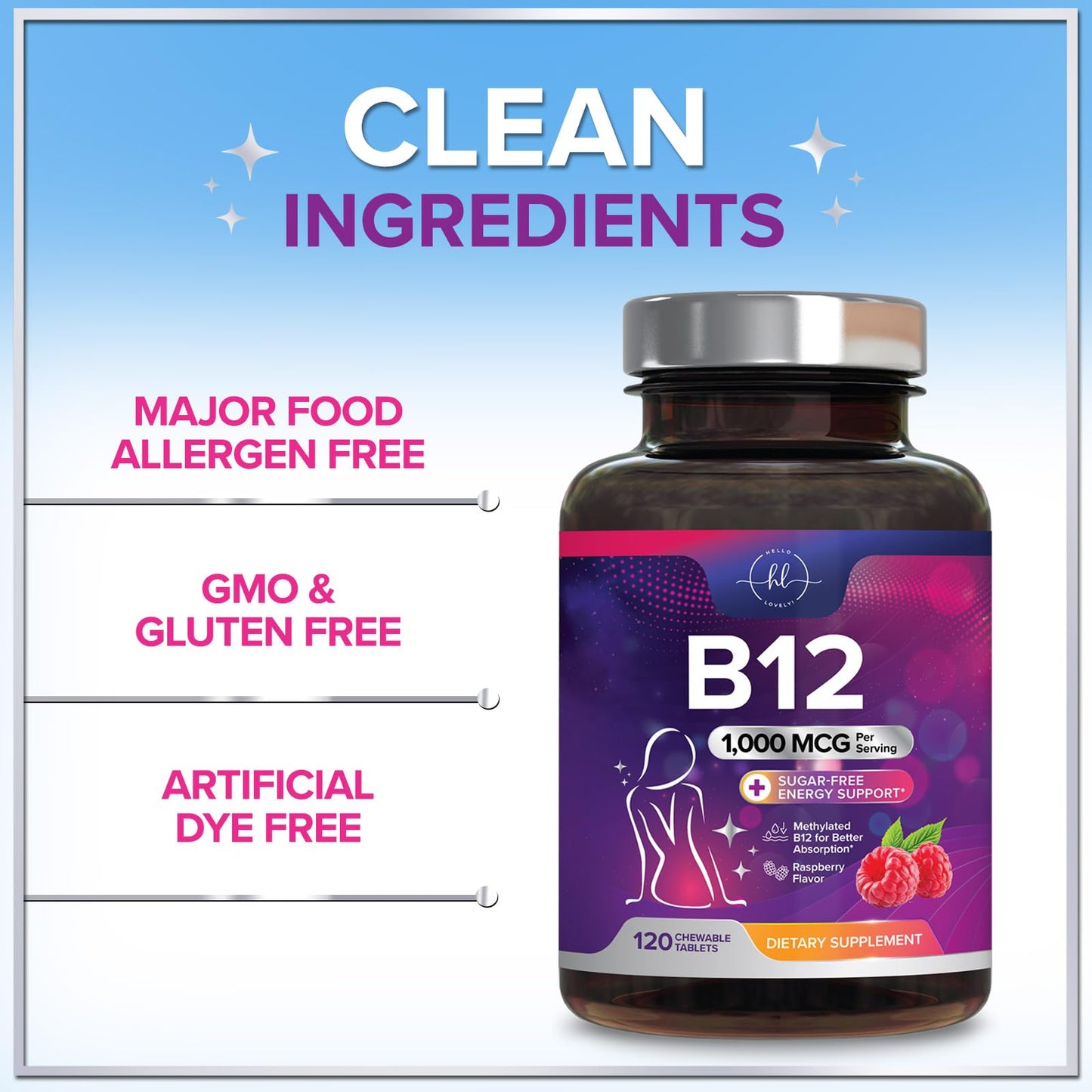 Hello Lovely! Vitamin B12 1000 mcg Chewables, 120 Count