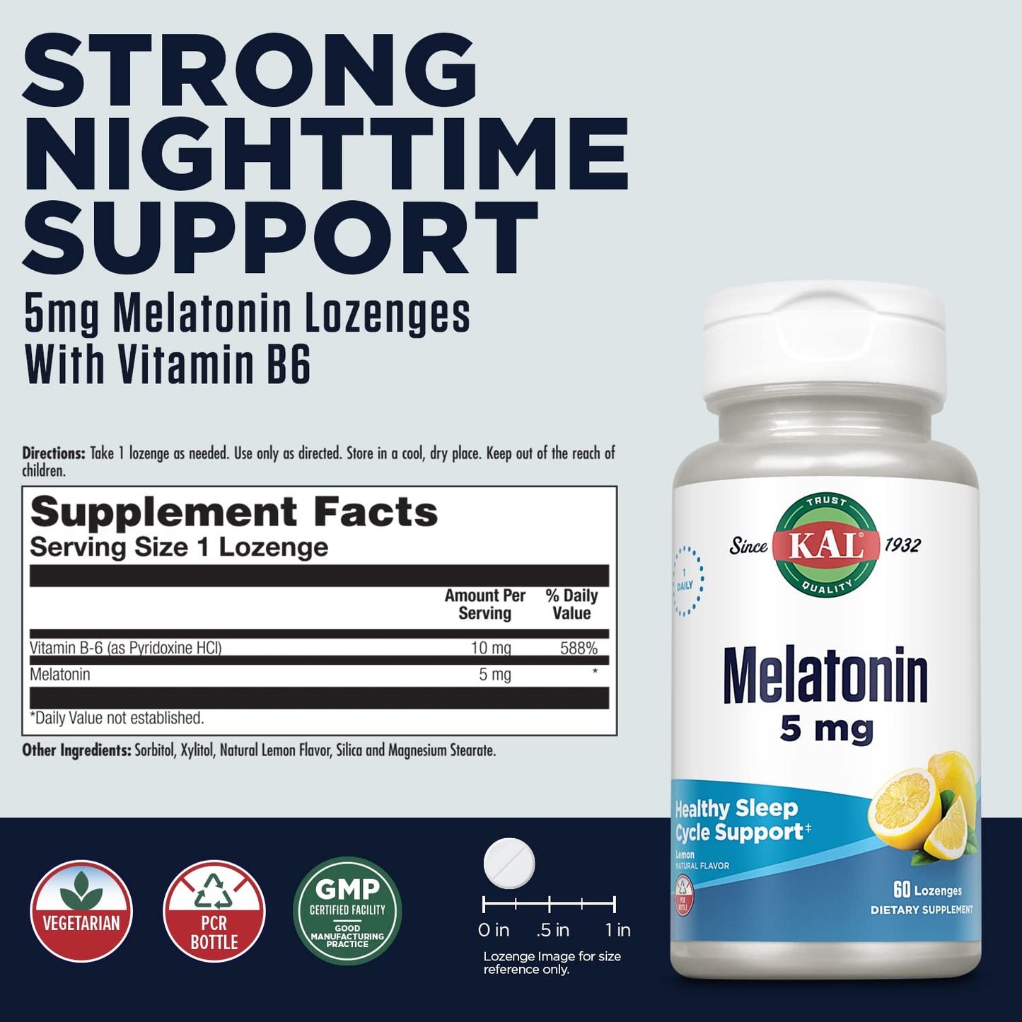 KAL Melatonin 5 mg Supplement for Adults - Sleep Aid & Rest Support, Fast Release Lozenges, Melatonin 5mg & Vitamin B6 10mg for Men & Women, Vegetarian - 60 Lozenges