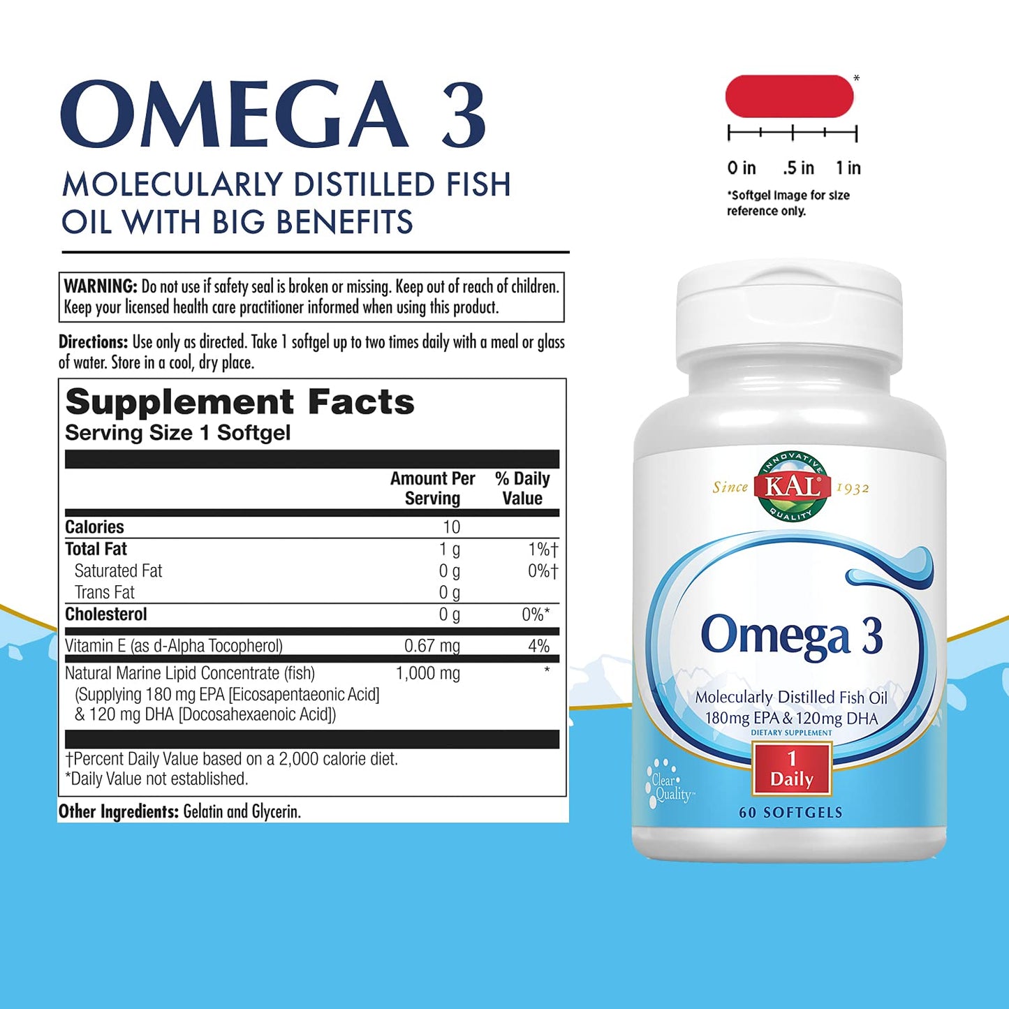 KAL Omega-3 Fish Oil 1000 mg Softgels, 60 Count
