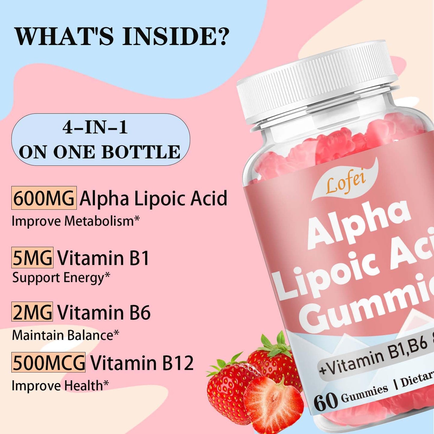 Lofei Alpha Lipoic Acid Gummies 600mg with Vitamin B1, B6 & B12, Sugar Free, 60 Gummies