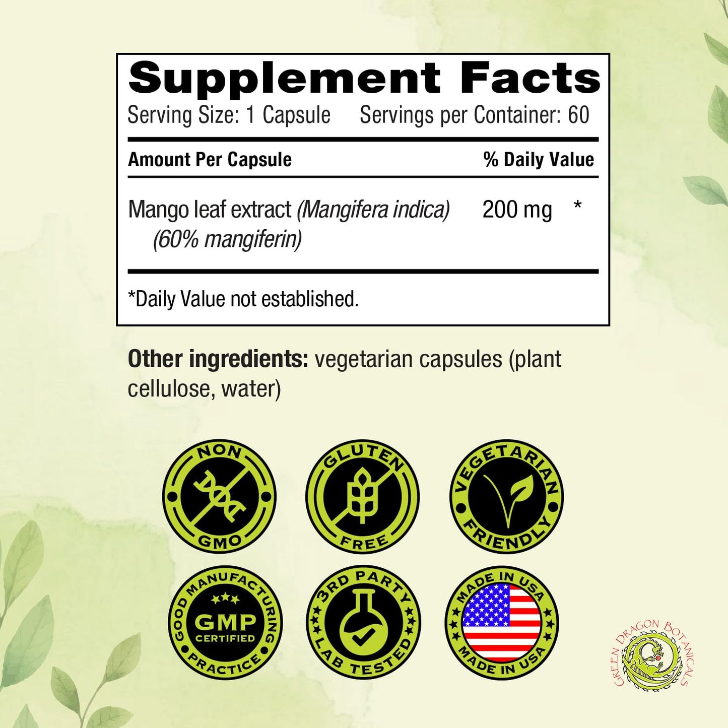 Green Dragon Botanicals MangoForte Mango Leaf Supplements 200 mg Capsules 60 Count