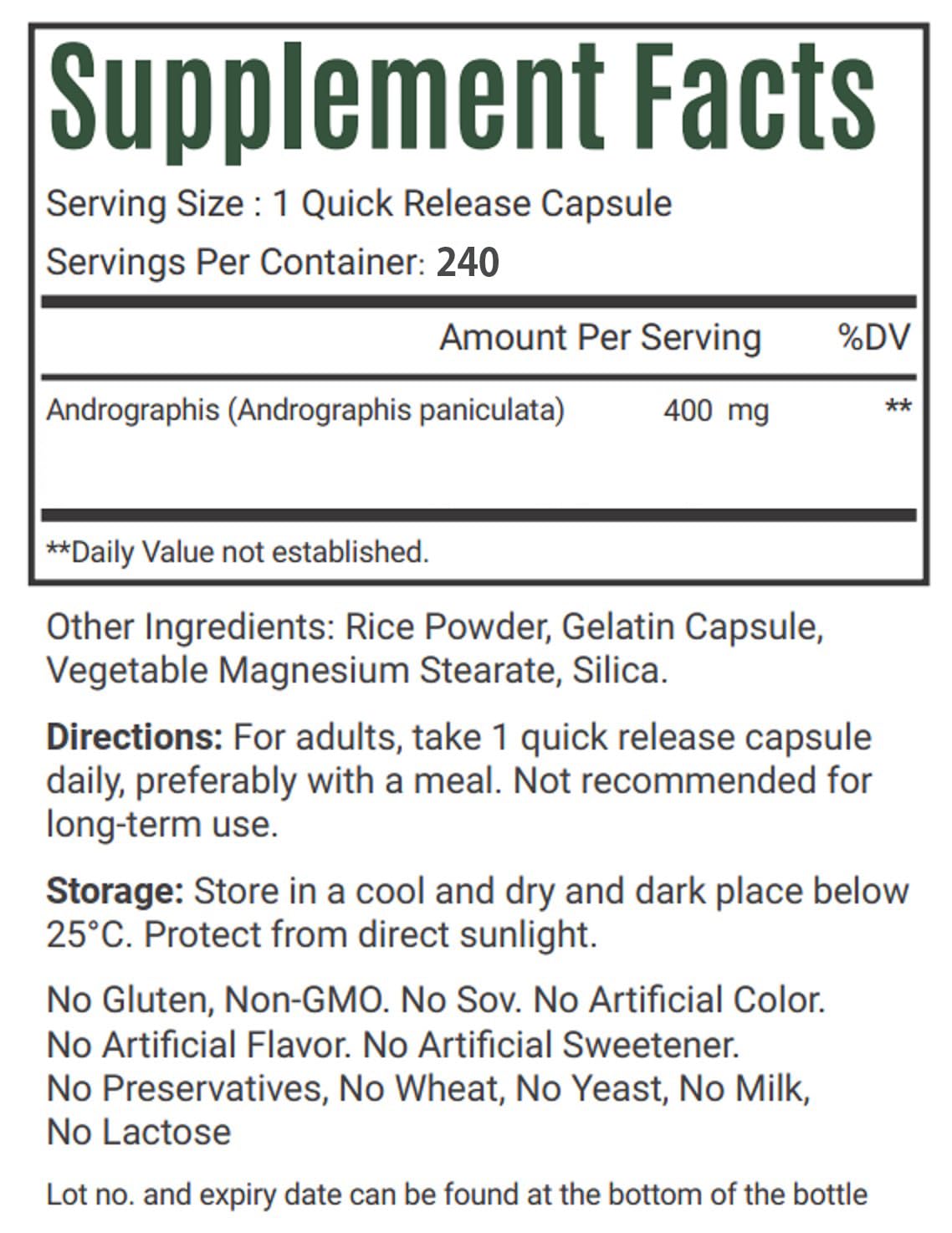 VitaCosmoX Andrographis Paniculata Capsules, 240 Count