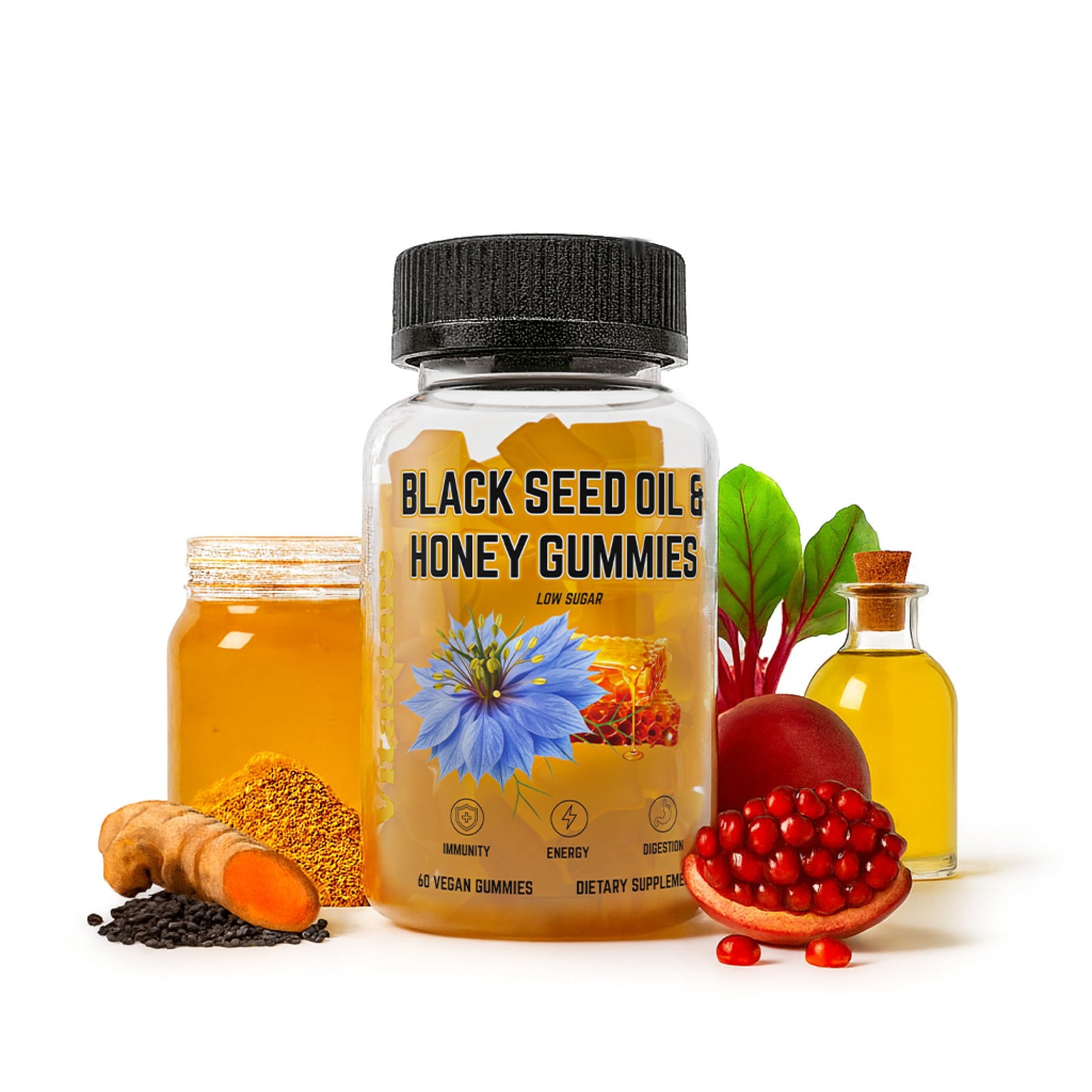 Vitastars Black Seed Oil & Honey Gummies with Black Cumin Seed Oil, Vitamin C, Turmeric & Biotin, Immune Support, 60 Gummies