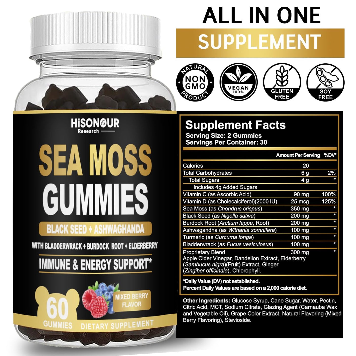 Hisonour Research Sea Moss Gummies with Black Seed Oil, Ashwagandha, Ginger, Irish Sea Moss, Mixed Berry Flavor, Vegan, 60 Gummies