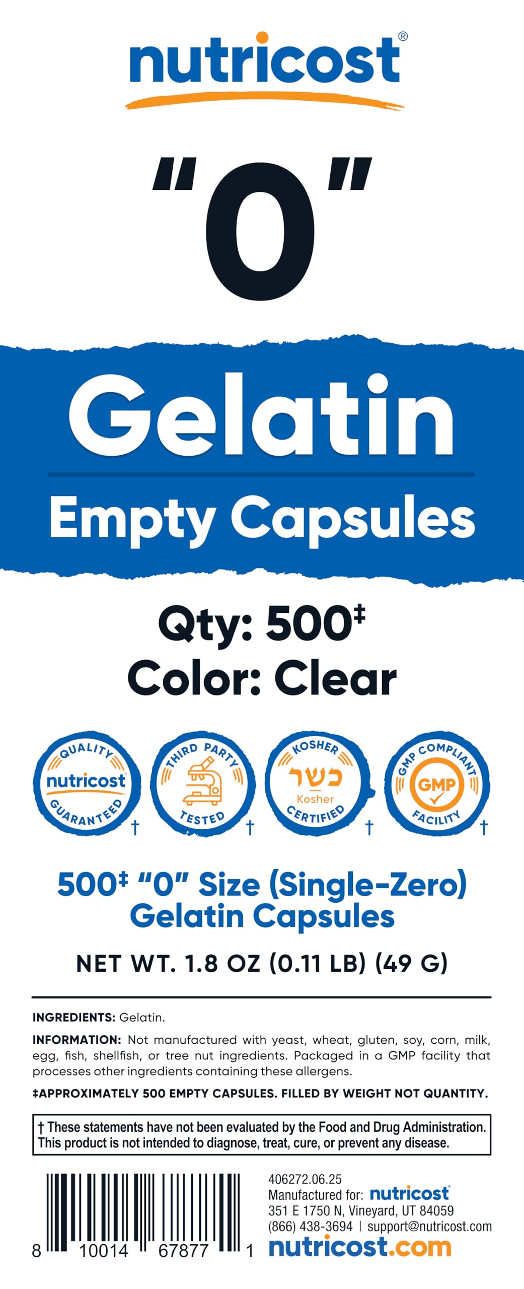 Nutricost Empty Gelatin Capsules Size 0, 500 Capsules