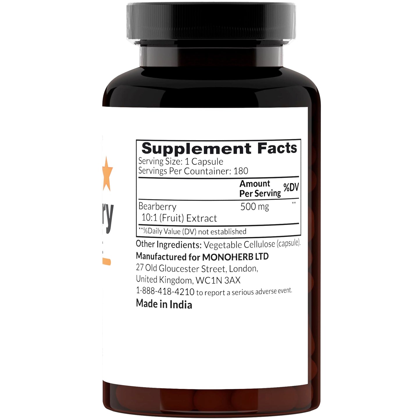 MONOHERB Bearberry 10:1 Extract 500 mg per Capsule, 180 Capsules
