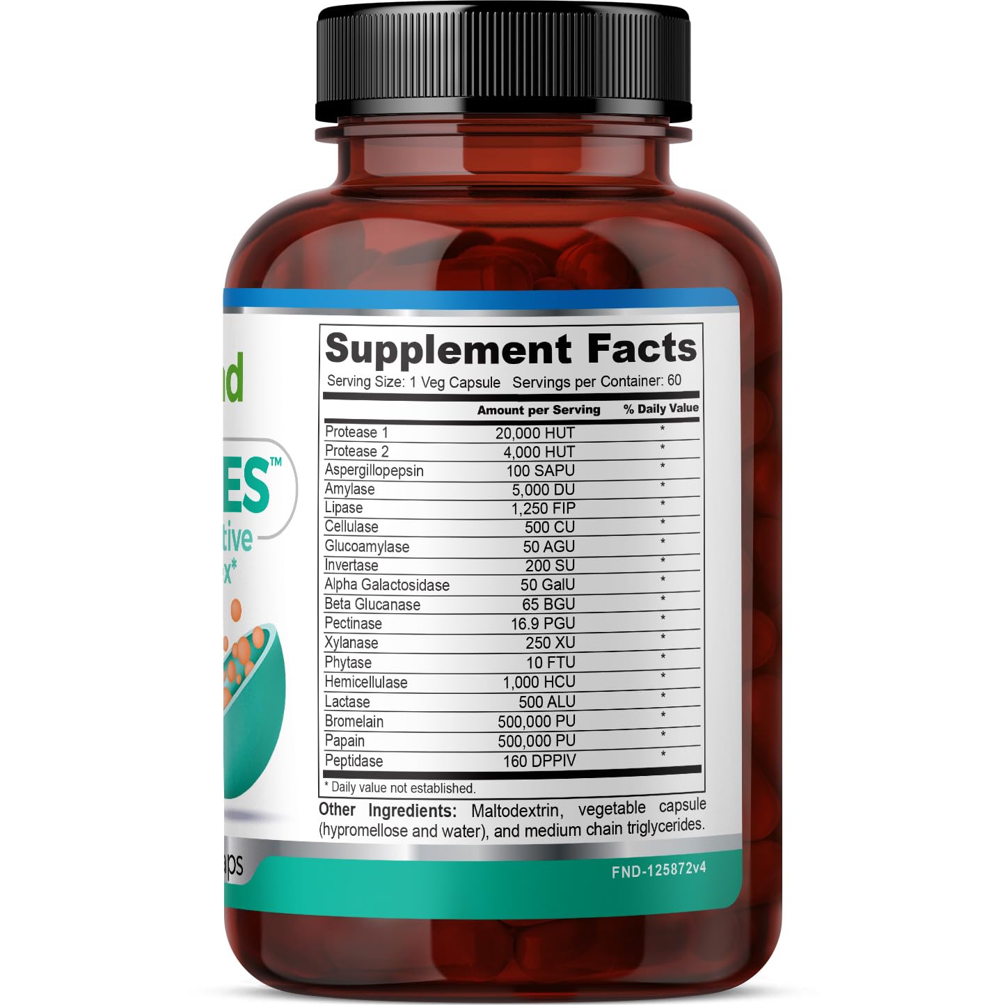 FineLand D-ENZYMES Advanced Digestive Support Complex, Breakdown of Nutrients, Digestion, Hemicellulose, Peptidase, 60 Capsules