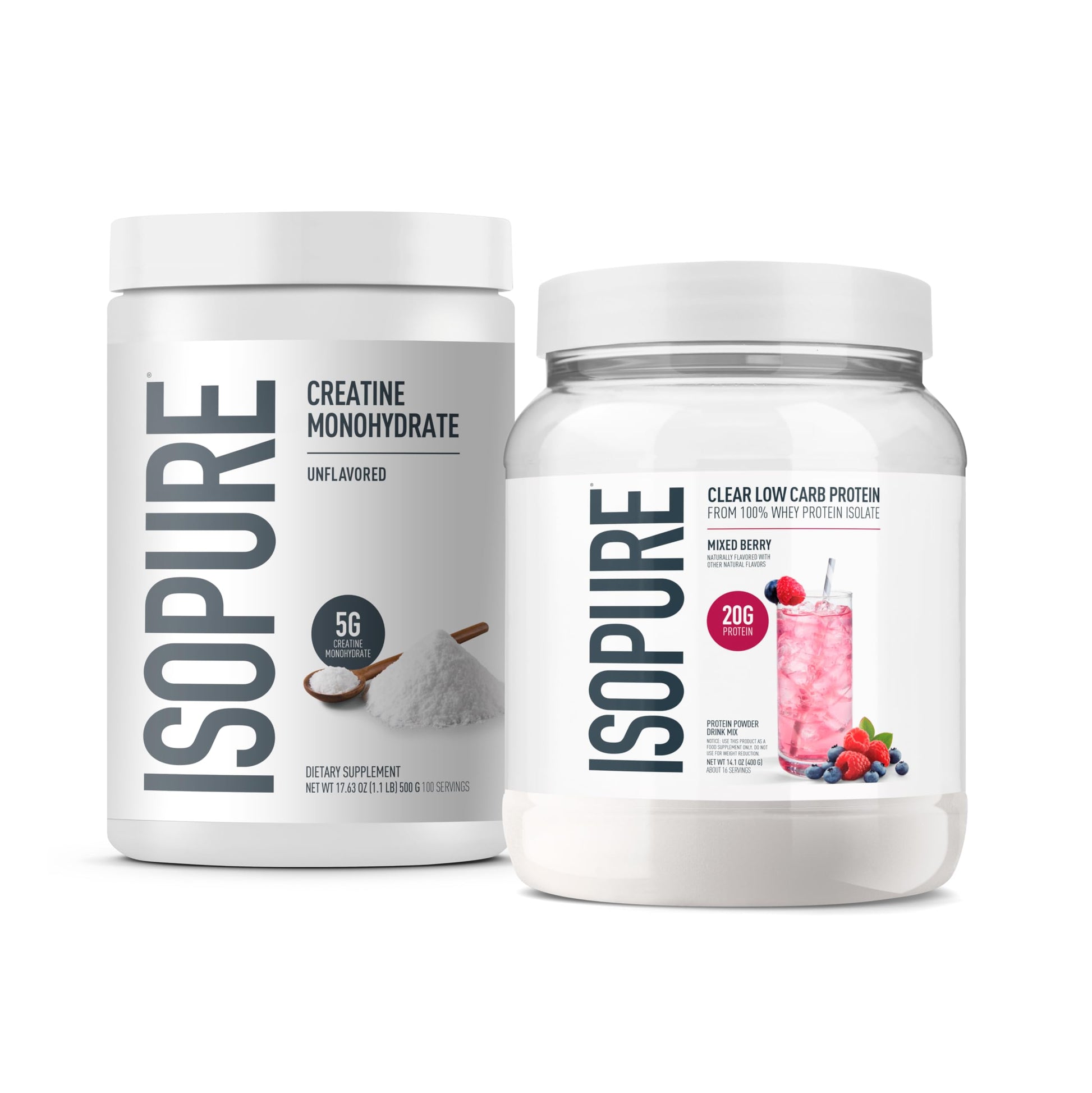 Isopure Clear Whey Isolate Protein Powder, Mixed Berry, 16 Servings; Creatine Monohydrate Powder, Unflavored, 100 Servings