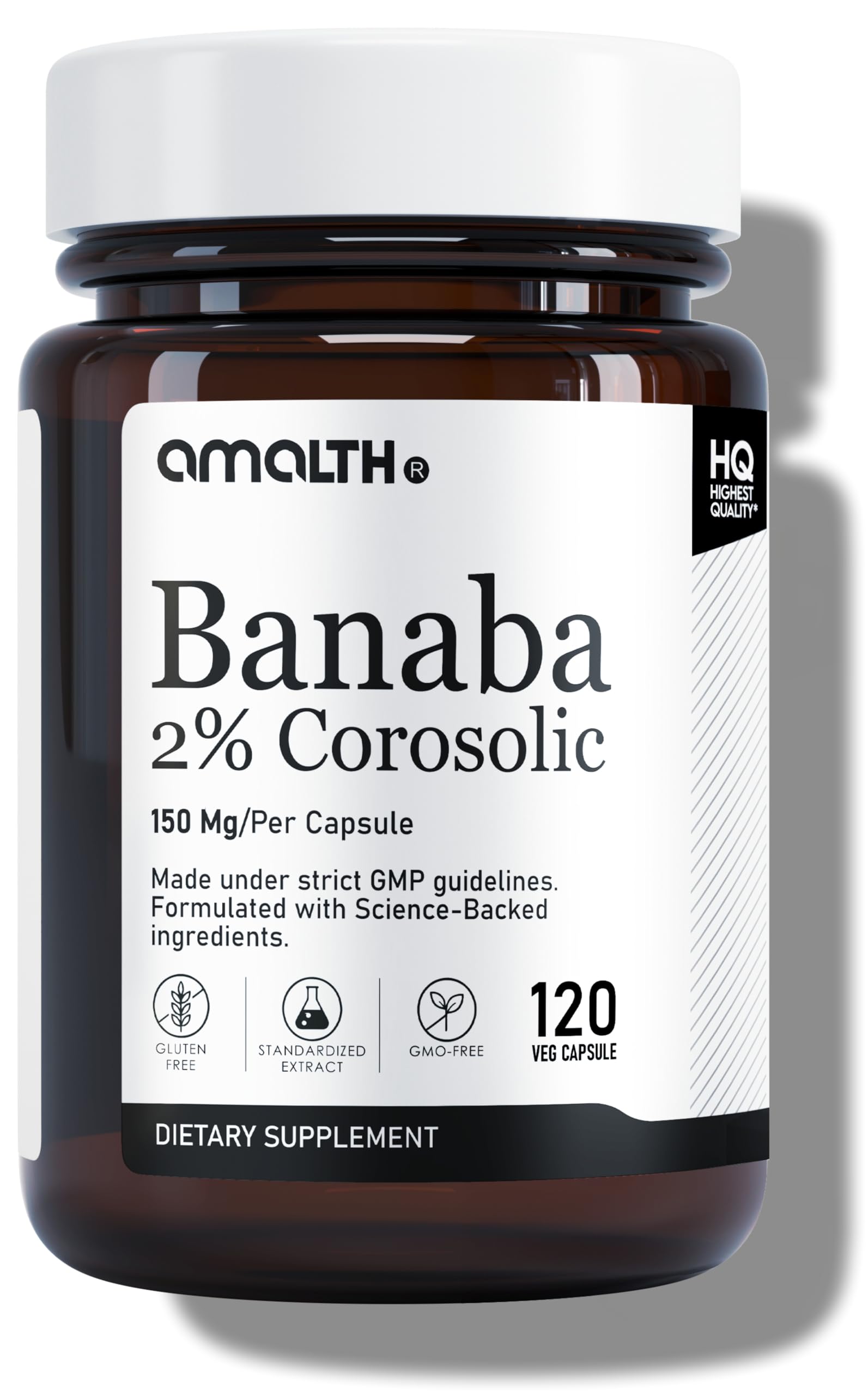AMALTH Banaba Leaf Extract Capsules 150 mg, Corosolic Acid 2%, Lagerstroemia Speciosa Extract with Black Pepper Extract, 120 Veg Capsules, Non-GMO