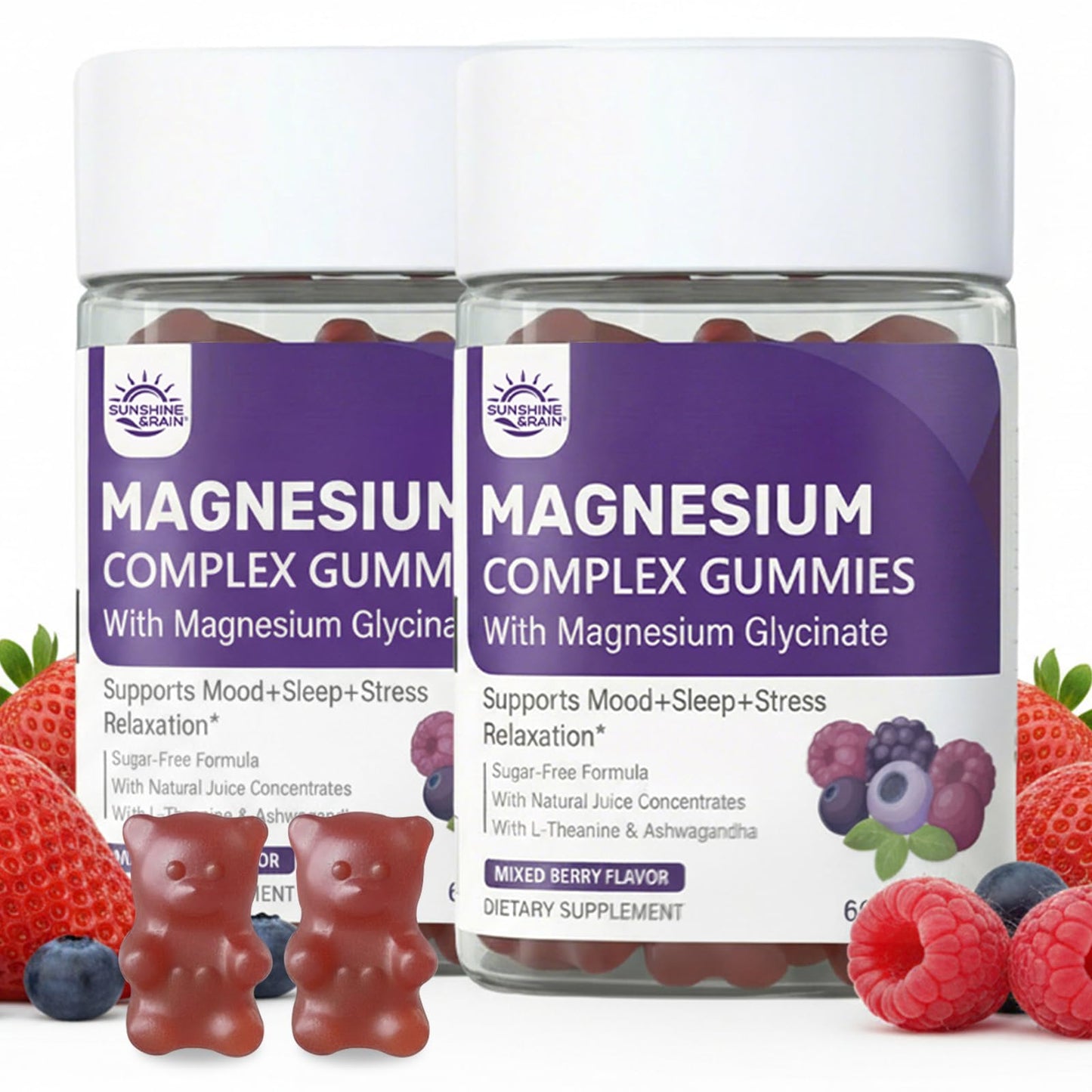 Sunshine & Rain Magnesium Calm Gummies 300mg - 4-in-1 Magnesium Glycinate, Citrate, Malate & Taurate with Ashwagandha, L-Theanine & Lemon Balm for Relaxation, Mood & Zzz Support — Sugar-Free, Vegan, 120 Gummies
