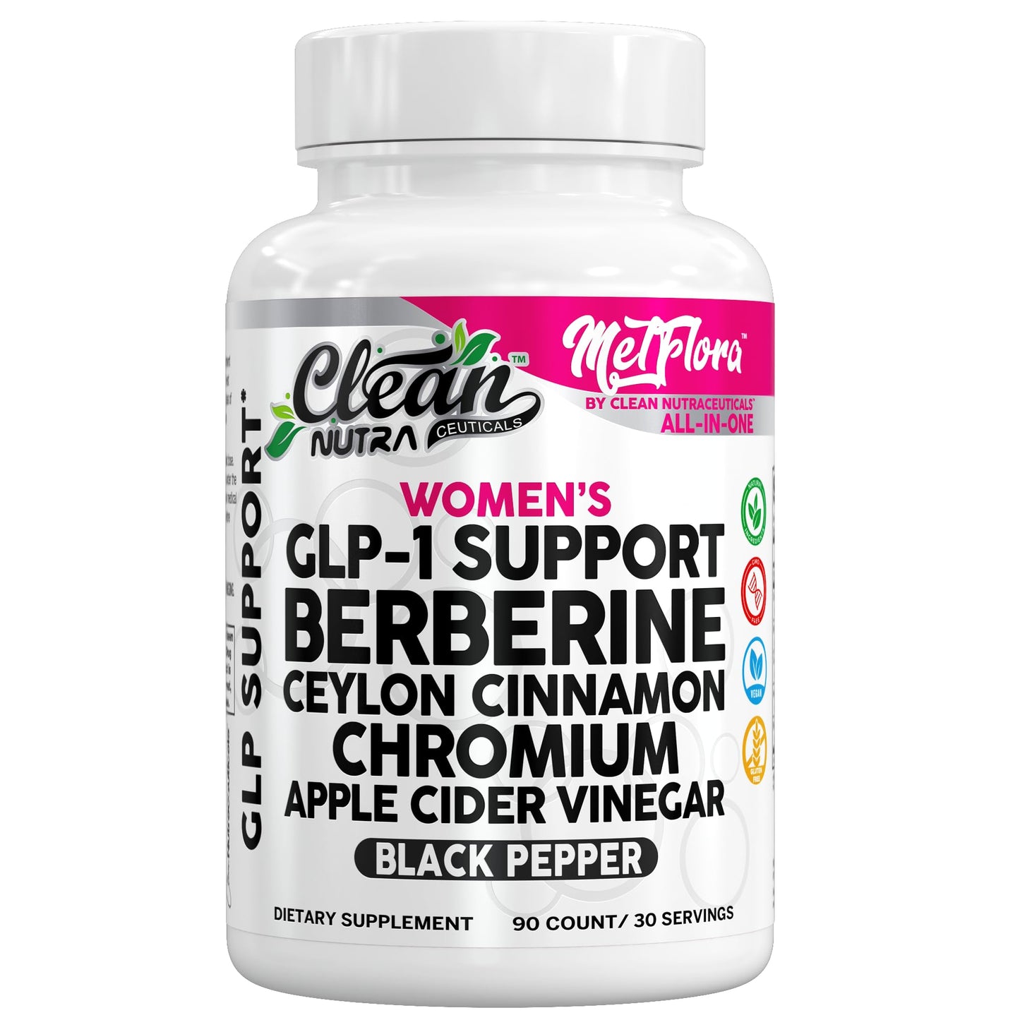 Clean Nutraceuticals Berberine 1000mg Capsule with Apple Cider Vinegar, Women's Metabolic Support with Cinnamon, Chromium Picolinate 1000mcg & Black Pepper Extract, Metabolic Wellness, 90 Count