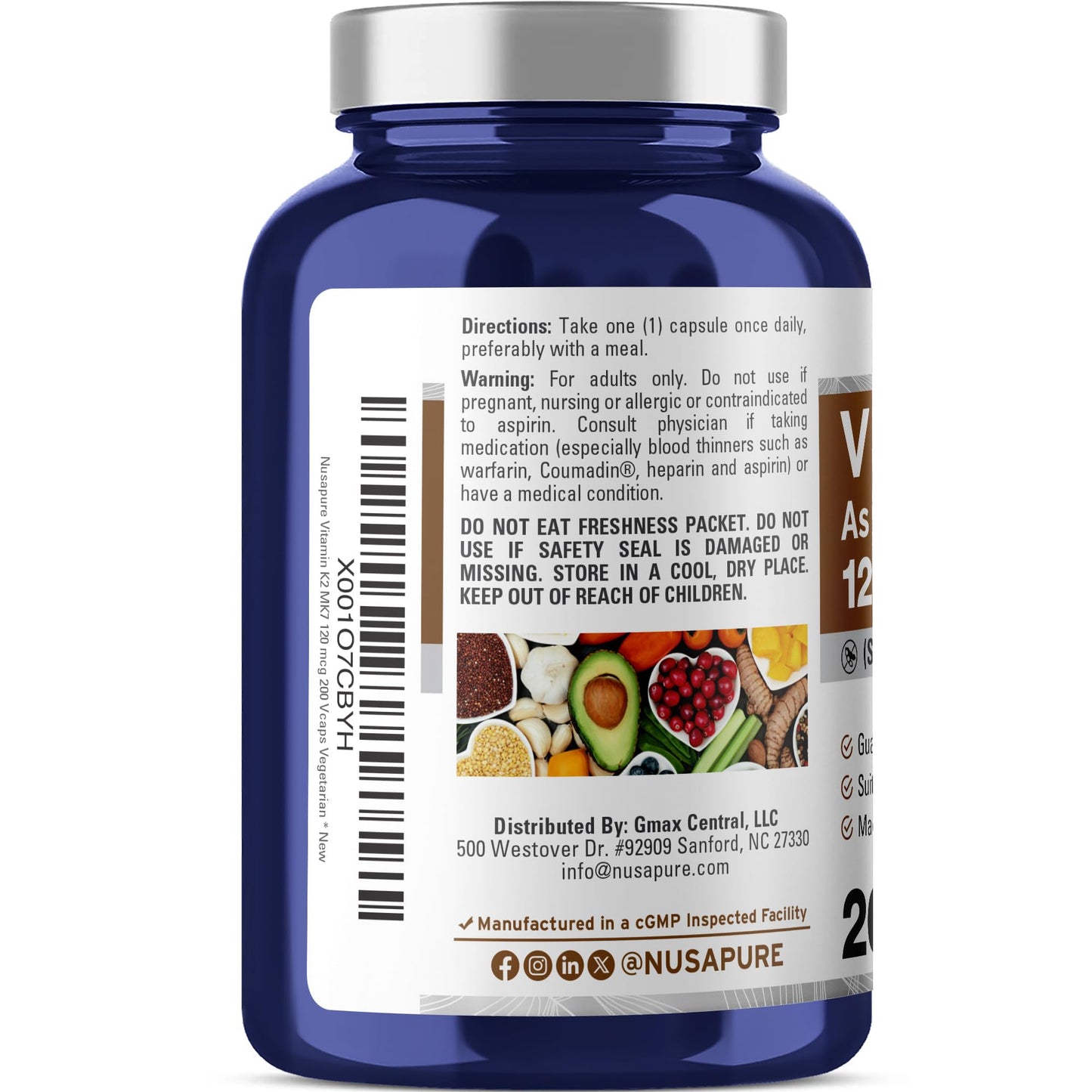 NusaPure Vitamin K2 MK7 120 mcg, Non-GMO, Vegan, 200 Veggie Capsules