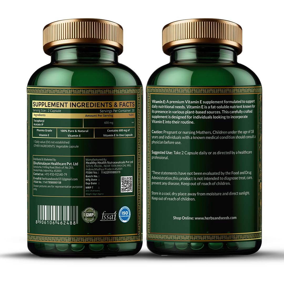 HERBS & SEEDS Vitamin E 600mg (D-Alpha-Tocopherol) Supplement, 90 Capsules