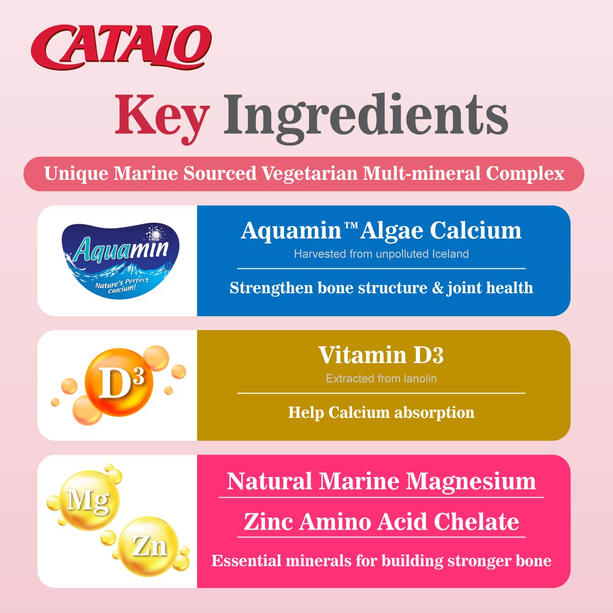 CATALO Women's Calcium with Aquamin Red Algae - Plant-Based Marine Calcium Supplement with Vitamin D3, Magnesium & Zinc - High Absorption Formula, 60 Tablets