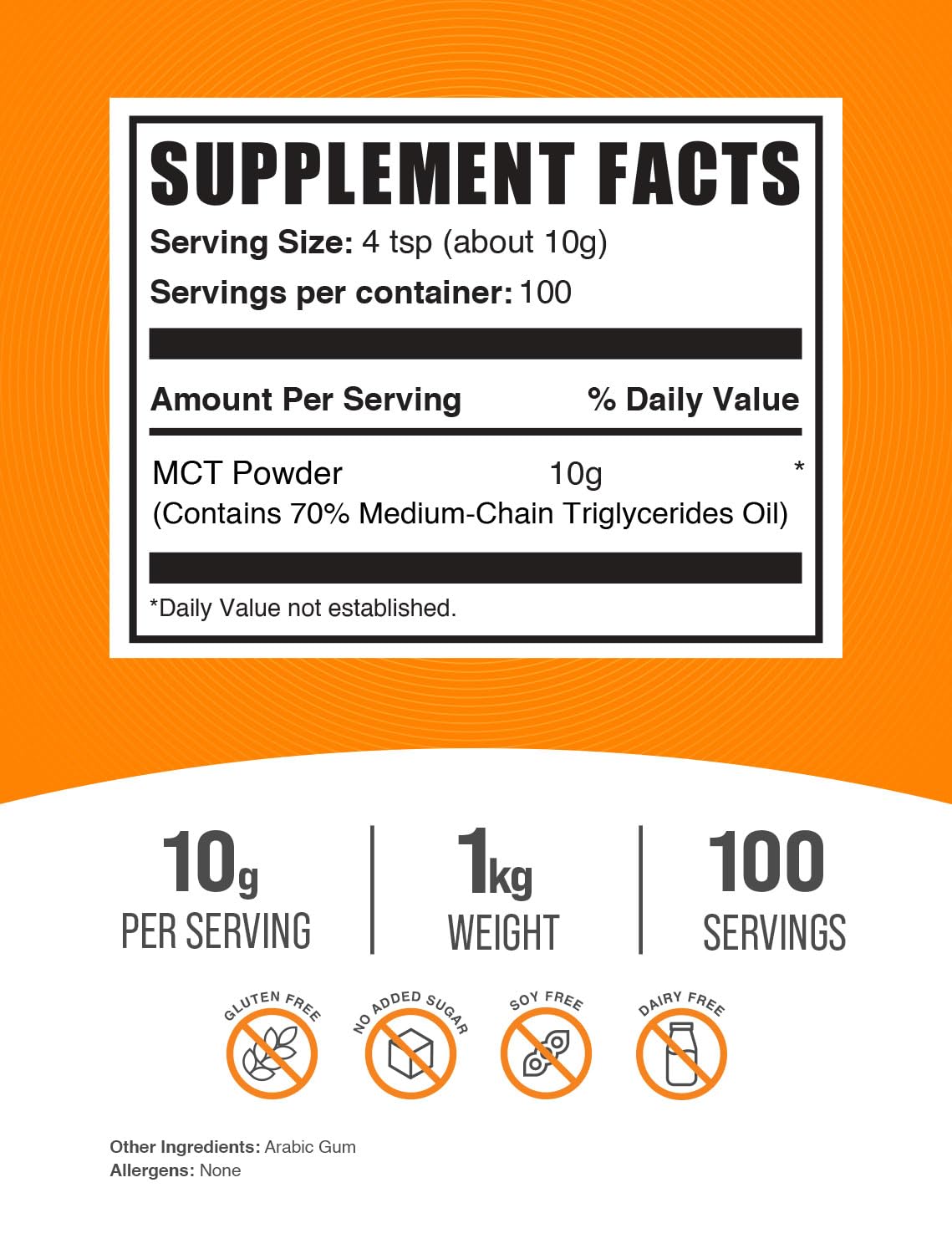 BulkSupplements MCT Powder - Medium Chain Triglycerides, MCT Oil Powder, Gluten Free, 10 g per Serving, 1 kg (35.3 oz)