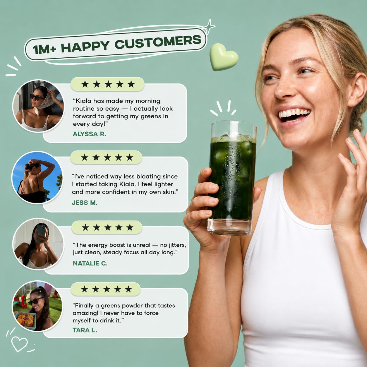 Kiala Nutrition Super Greens Powder with Spirulina & Chlorella for Digestion, Gut Health, Immunity, Adaptogens, Energy, Gluten Free, Vegan, Sugar Free, Mixed Berry, 8 oz