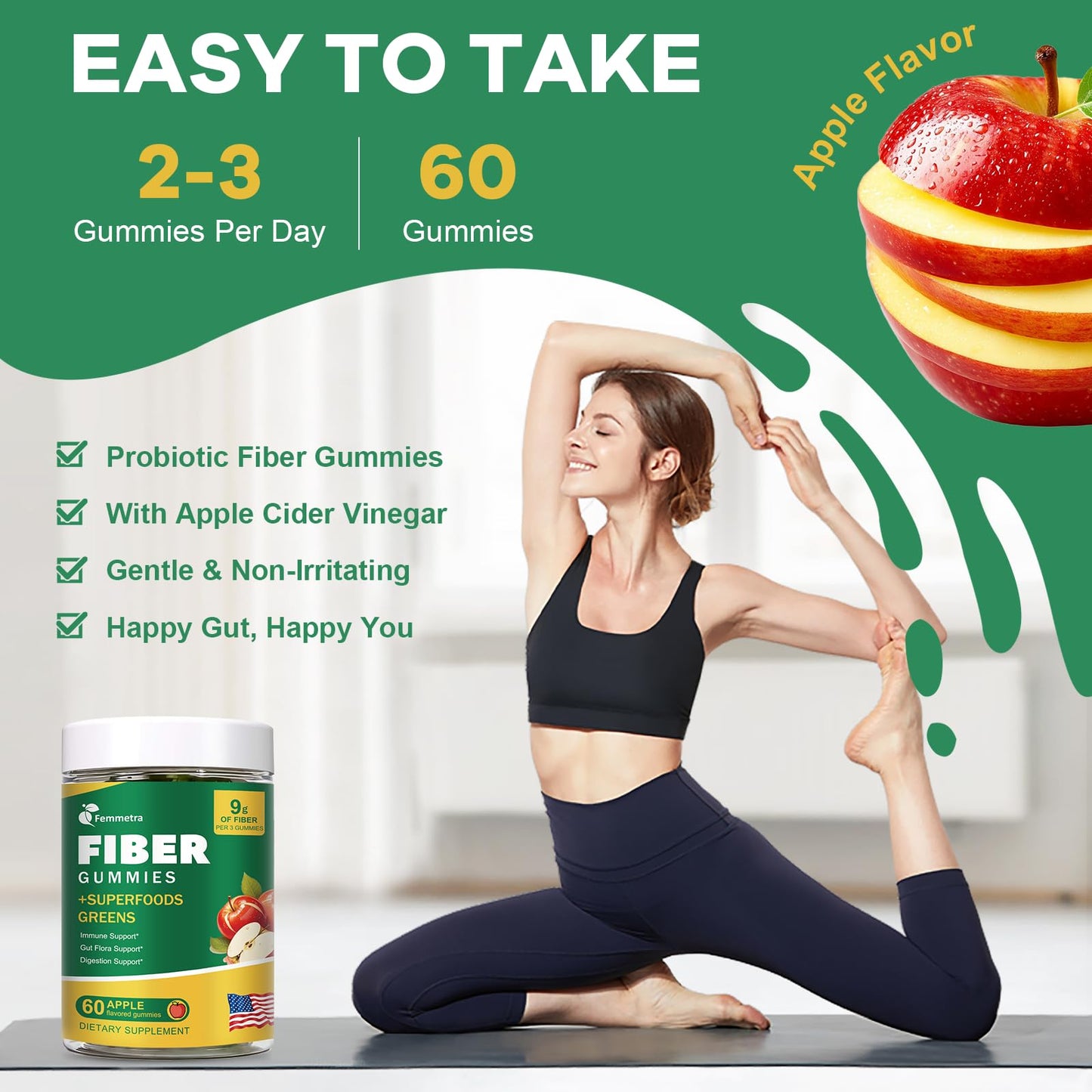 Femmetra 9G Fiber Gummies for Digestive Health & Regularity - No Sugar Added Apple Flavor - Prebiotic Fiber Supplement with Greens, 60 Gummies