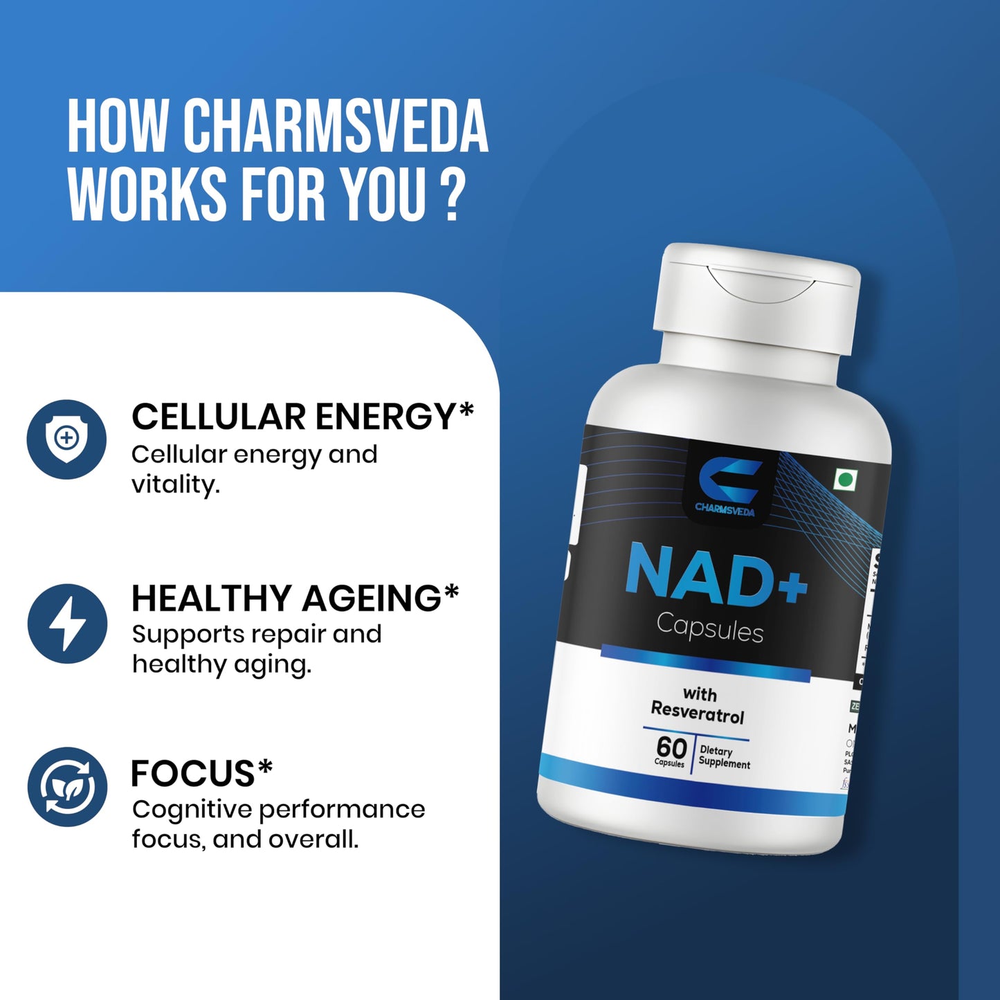 CHARMSVEDA NAD+ Capsules with Resveratrol & Black Pepper, 60 Vegan Capsules