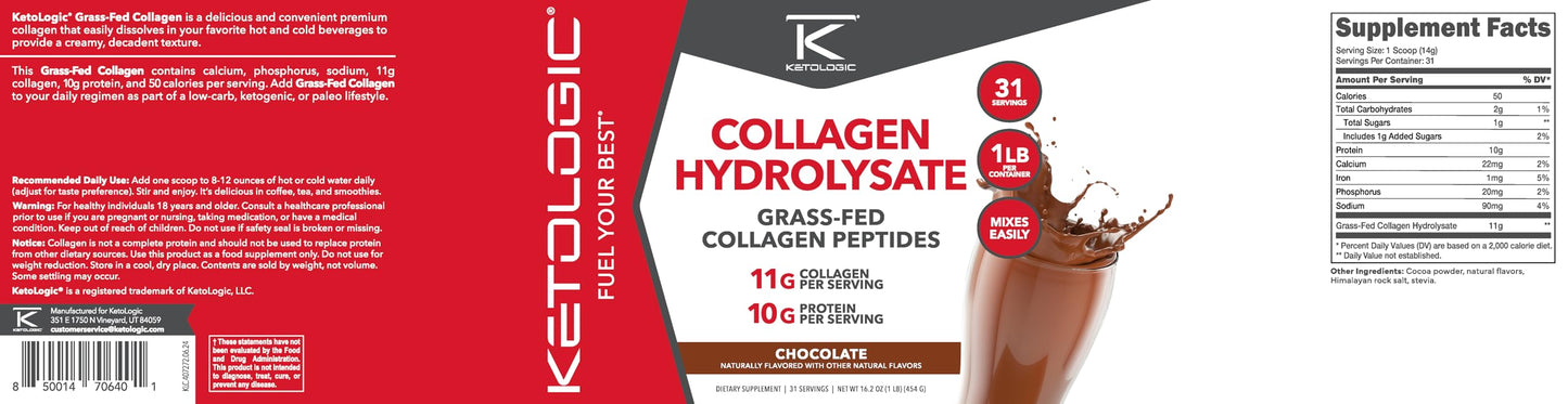 Ketologic Grass Fed Collagen Powder Chocolate Flavor 16.2 oz