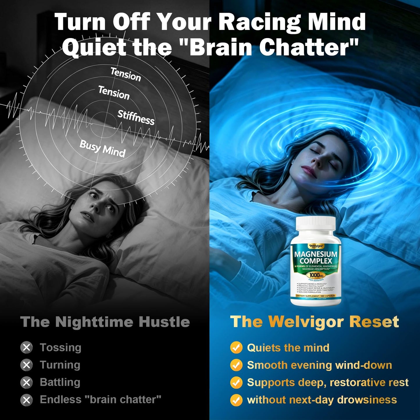 Welvigor 1000mg Magnesium Complex for Women: 8 in 1, Night Calm Capsules 180 Count