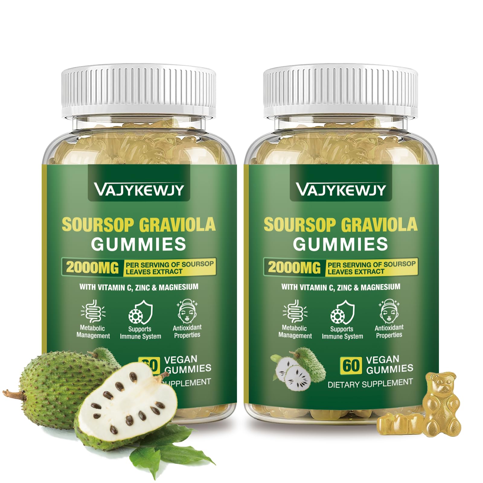 VAJYKEWJY Soursop Graviola Gummies, 2000mg Extra Strength Soursop Leaves Extract, Vitamin C & Zinc, 2 Pack