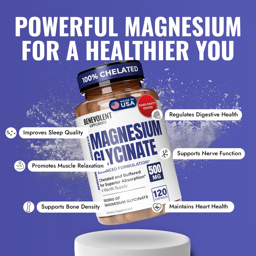 Benevolent Nourishment Magnesium Glycinate Capsules 500mg, High Absorption Formula, 120 Capsules