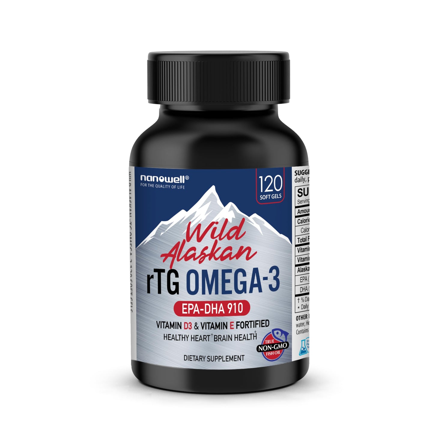 NANOWELL Wild Alaskan rTG Omega-3 Fish Oil 1196mg - EPA, DHA, Vitamin D3 & E Softgels 120